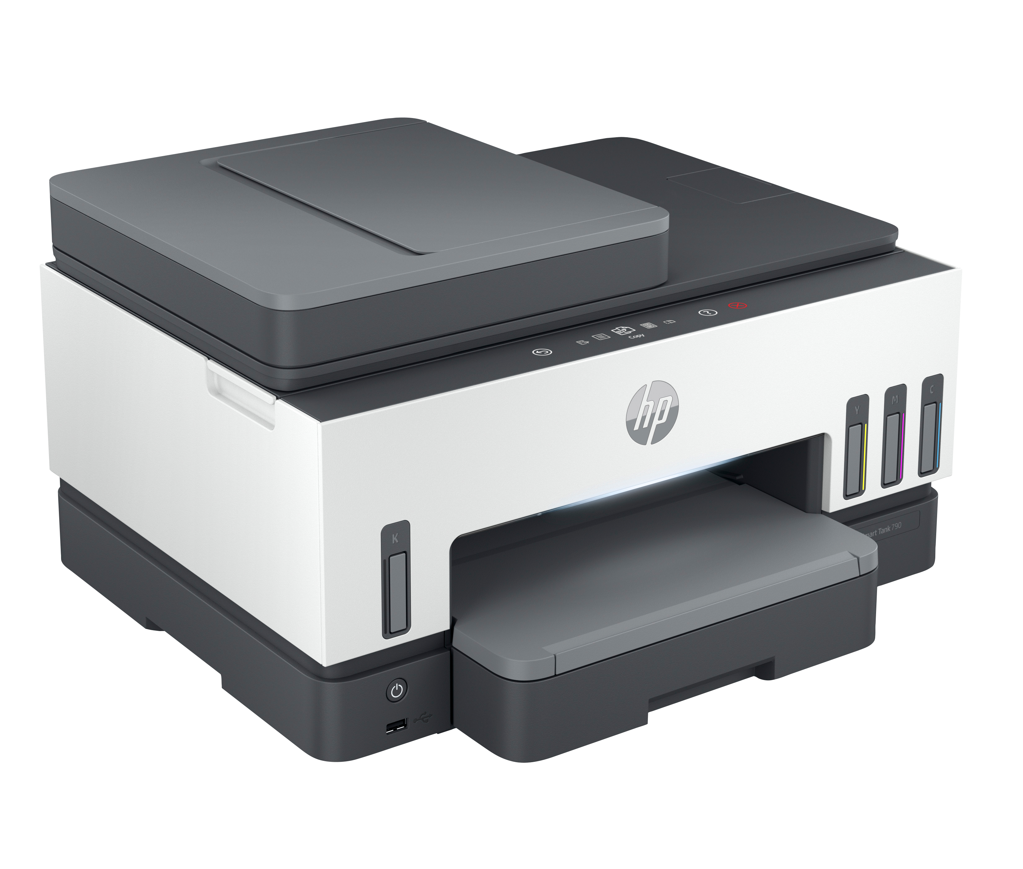 An HP printer, white and gray, with a flatbed scanner on top. Ink cartridges are visible on the side.