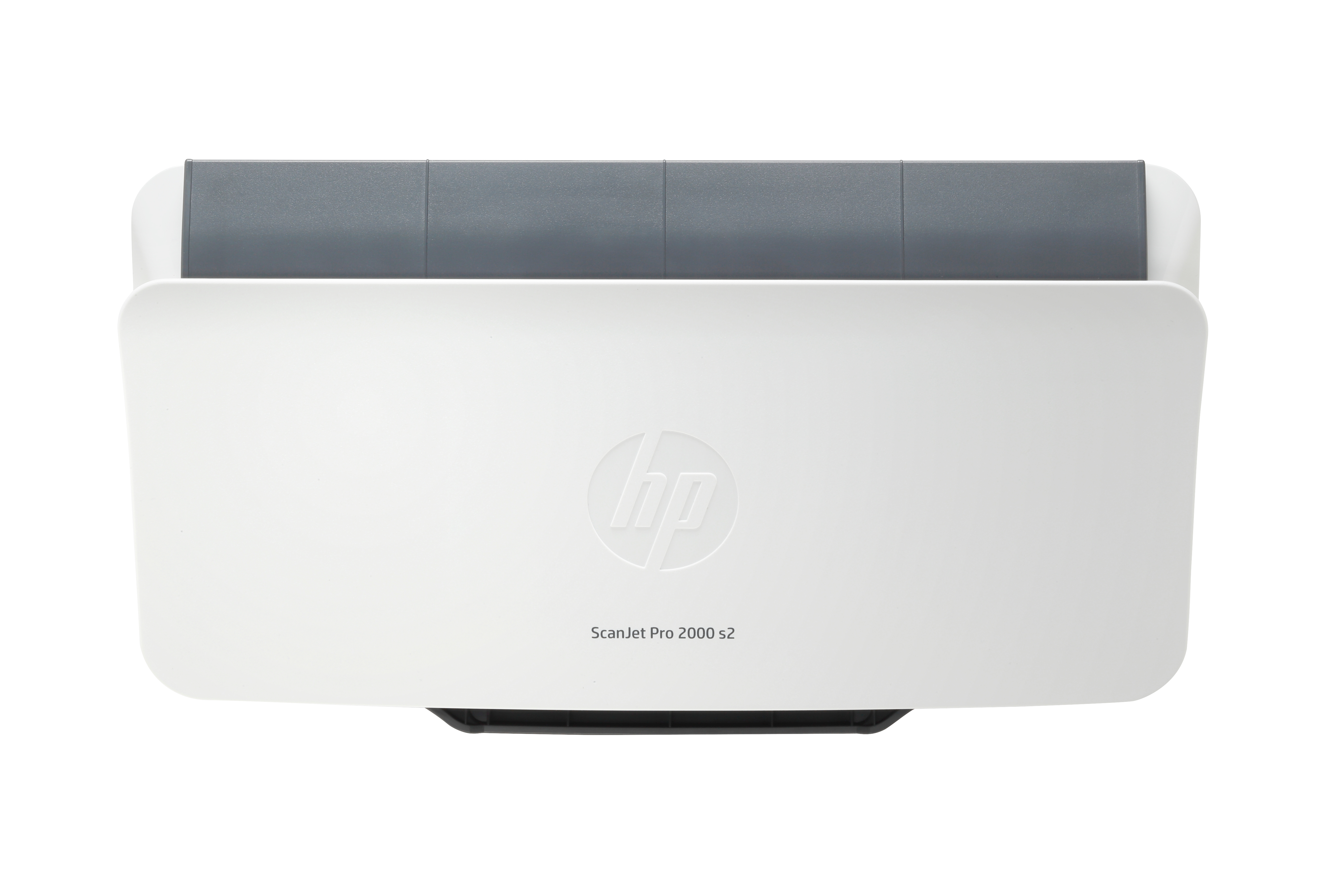 Widok z góry na biały skaner HP ScanJet Pro 2000 s2. Ma szarą pokrywę i widoczne logo HP.