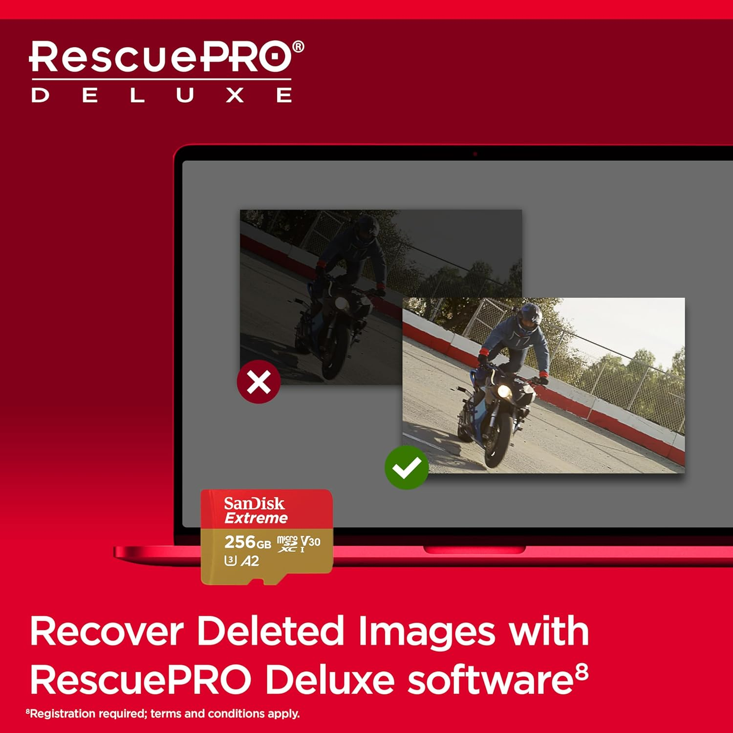 Un laptop mostra un'immagine di una moto. Una scheda SD rossa è sotto. Testo: Recupera le immagini cancellate con il software RescuePRO Deluxe.
