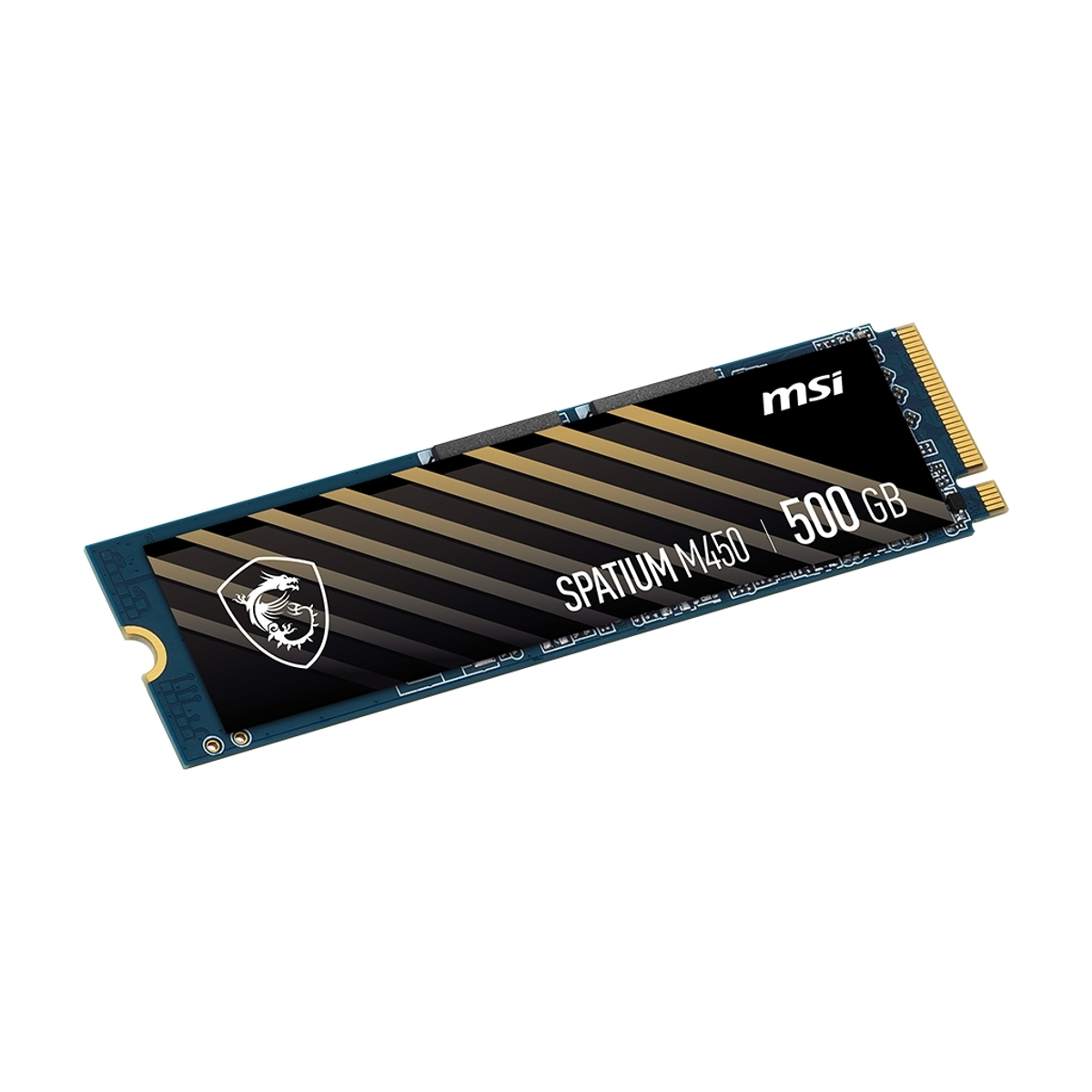 Dysk SSD NVMe MSI Spatium M450 500GB na białym tle. Ma czarno-złoty design. Logo MSI i inne szczegóły są widoczne.