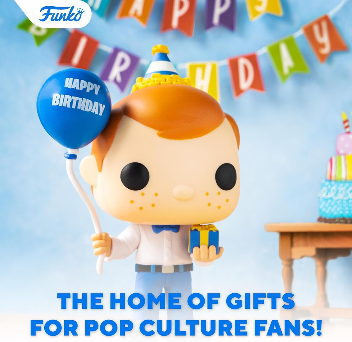 Figurka Funko Pop trzymająca niebieski balonik z napisem 'Happy Birthday', również prezent. Banner urodzinowy w tle.
