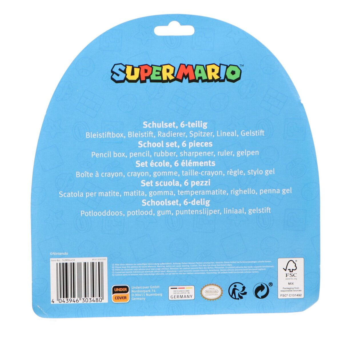 Blue Super Mario school set packaging. Text in multiple languages details school supplies. Includes a Nintendo logo and FSC label.