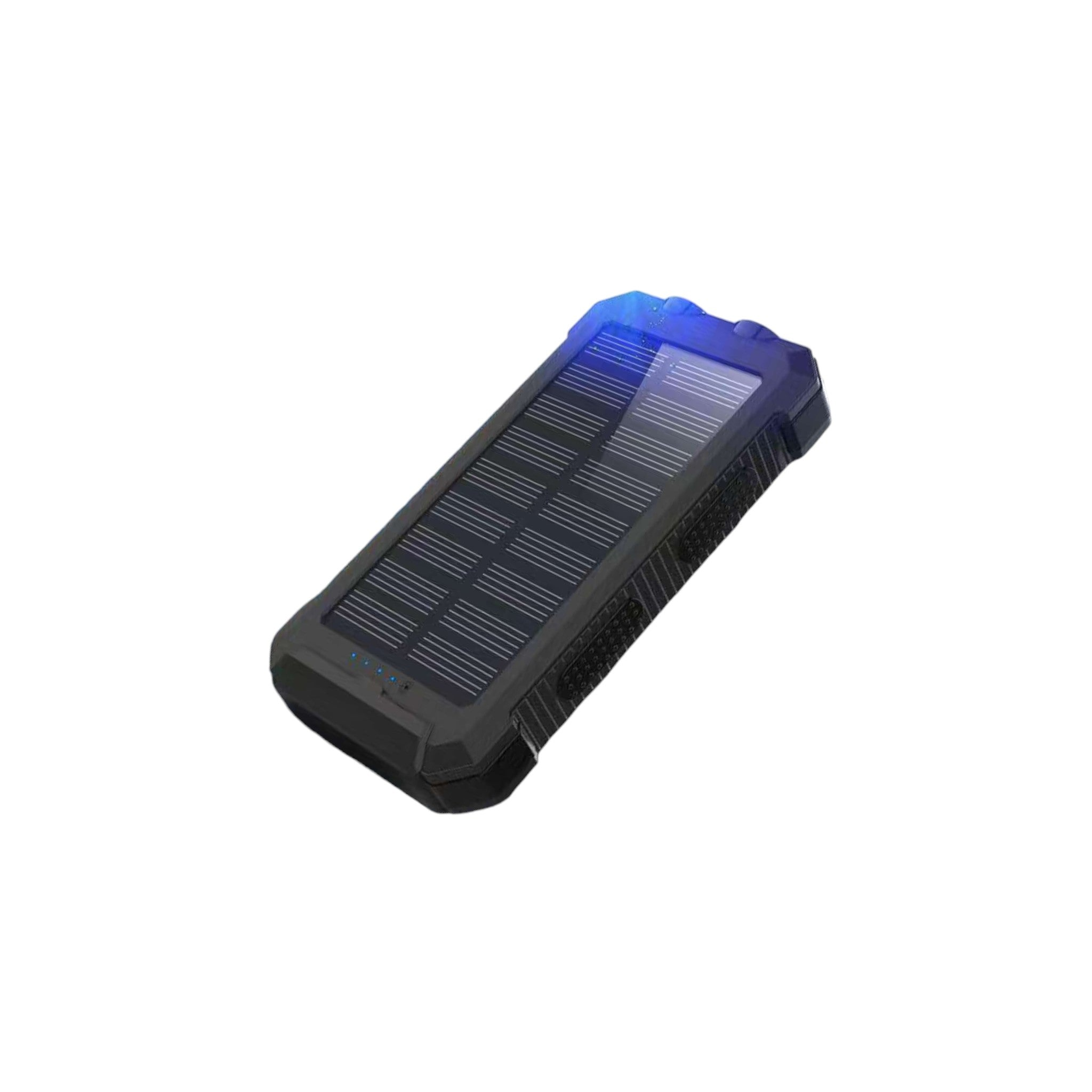 Een zwart-grijze zonne-powerbank. Het heeft een zonnepaneel, indicatielampjes en een blauw licht.