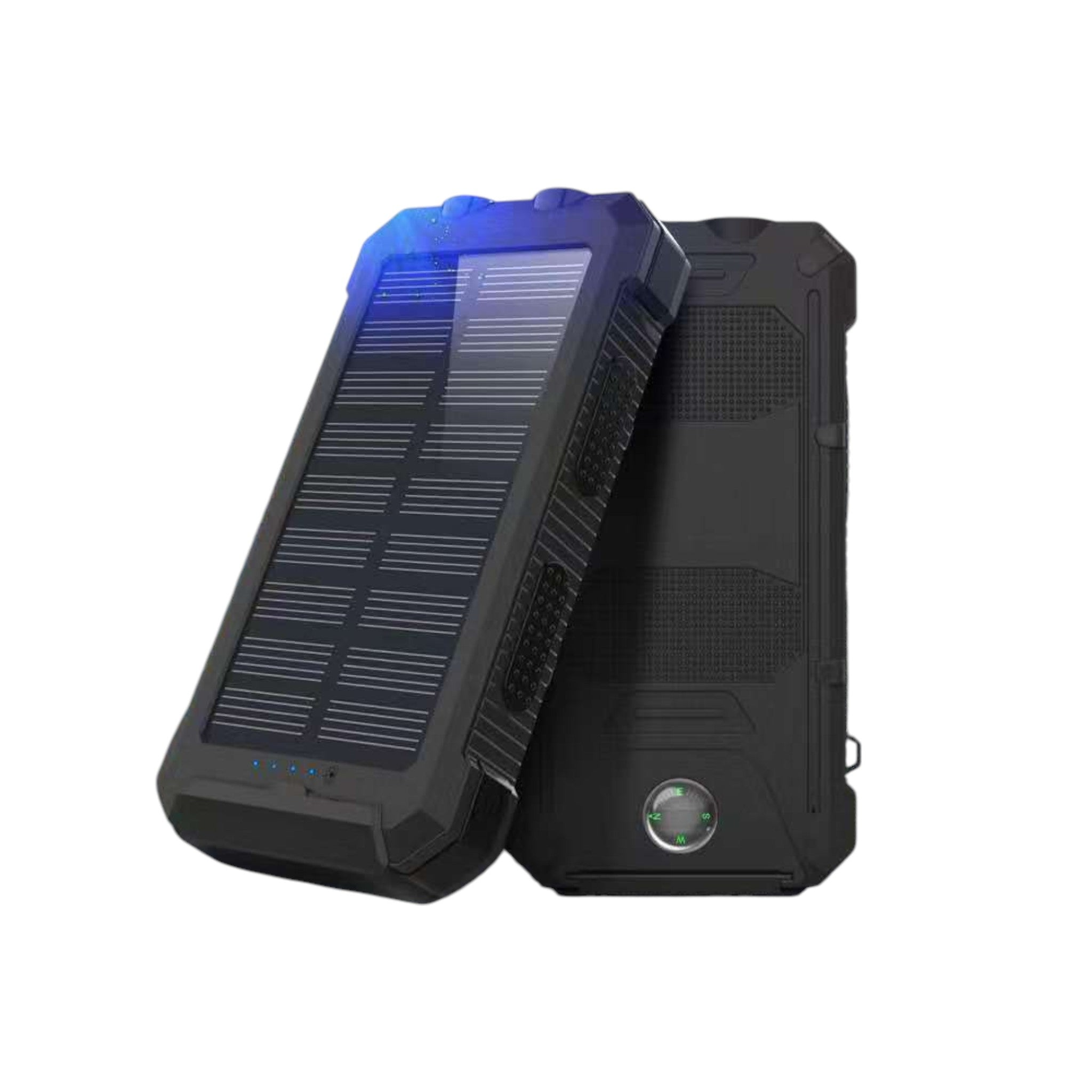 Zwarte zonne-powerbank. Eén is gekanteld en toont zonnepaneel en blauw licht. De andere is een platte achterkant.