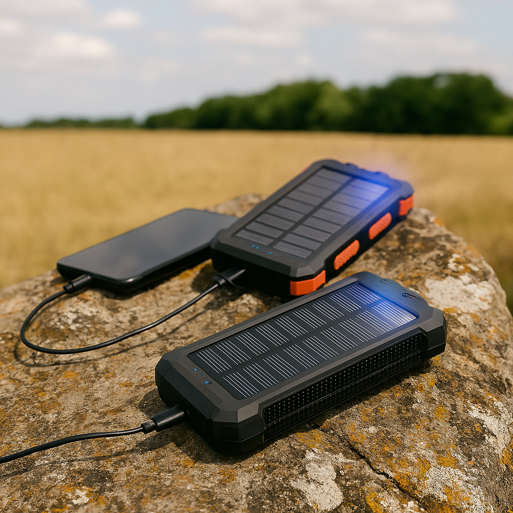 Twee zwarte zonne-opladers en een telefoon op een rots. Een veld en bomen op de achtergrond. Kabels verbinden apparaten.