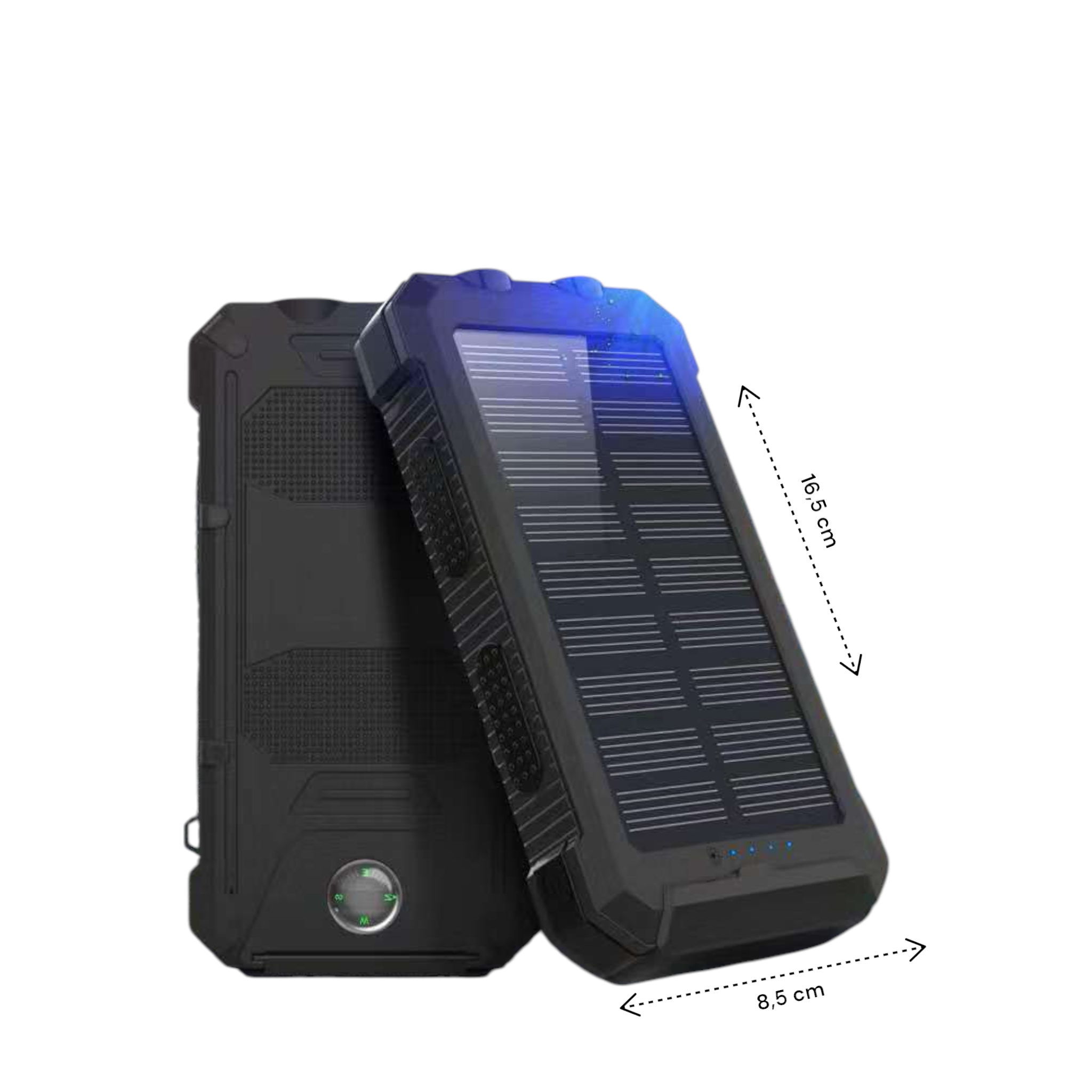 Twee zwarte solar powerbanks op wit. Eén heeft een zonnepaneel, de andere is effen. Afmetingen 16,5 cm x 8,5 cm worden getoond.