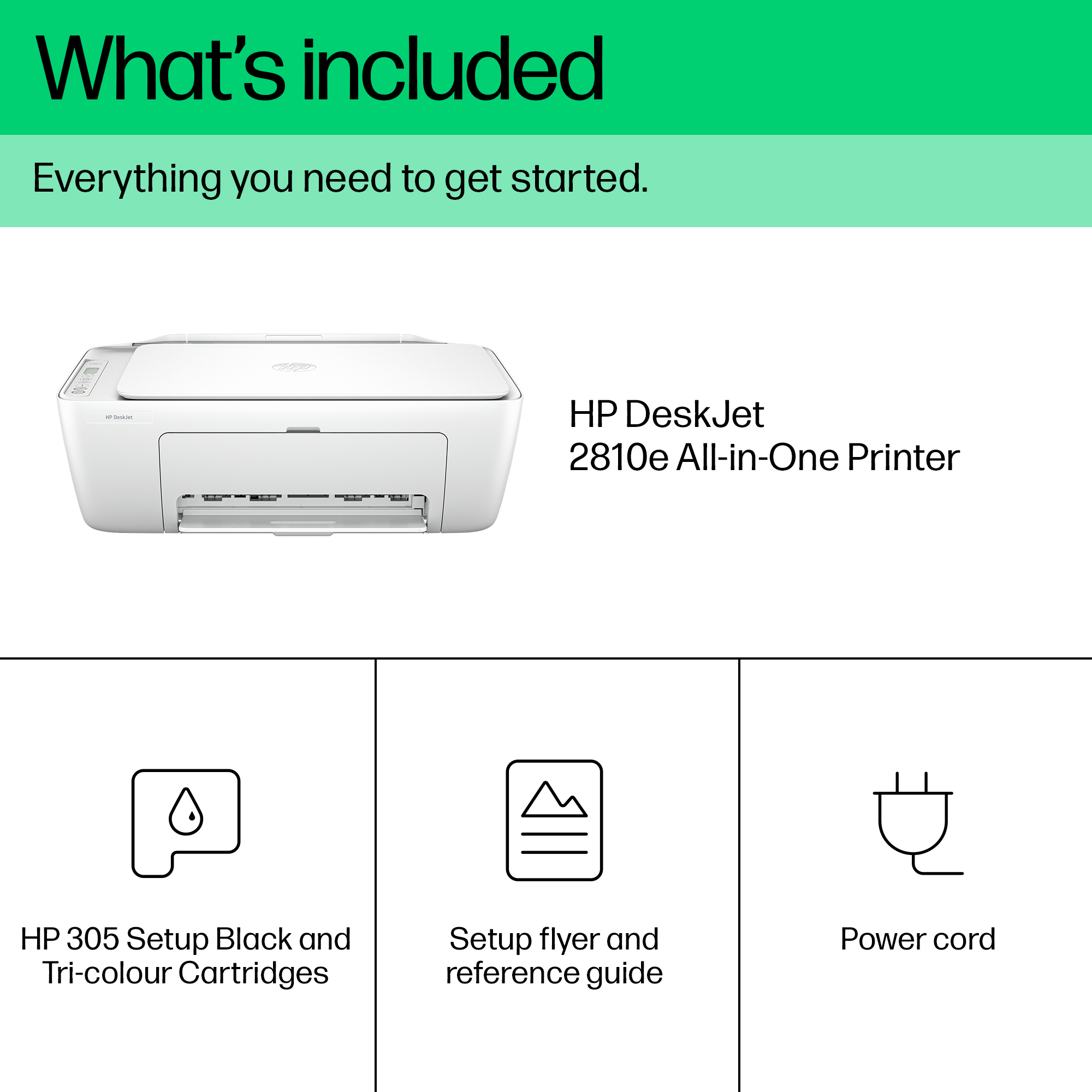 Obrazek przedstawia drukarkę HP DeskJet 2810e, wkłady, instrukcję i przewód zasilający. Tekst: Co jest zawarte. Wszystko, czego potrzebujesz.