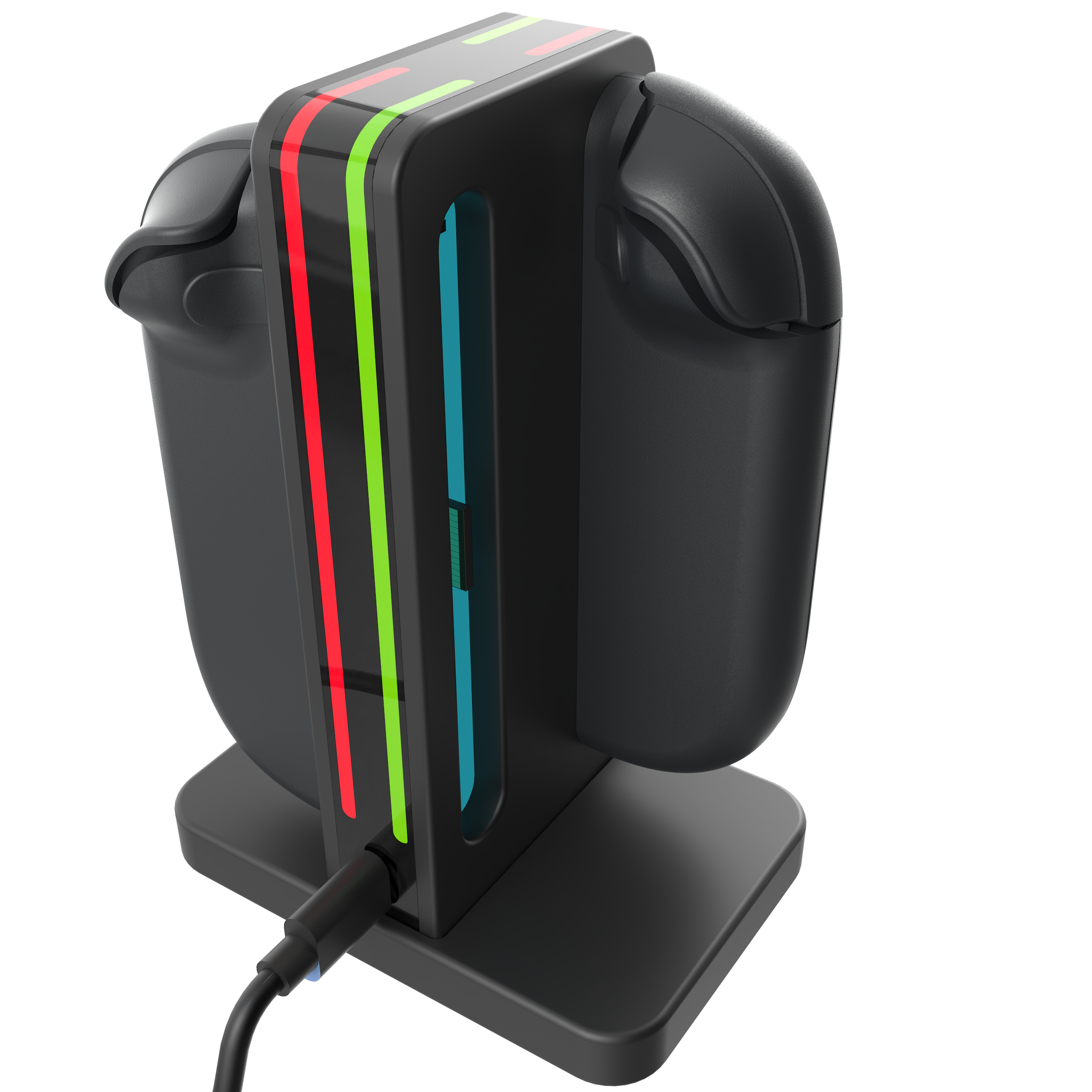 Een zwart oplaadstation voor gamecontrollers met rode, groene en blauwe strepen. Twee controllergleuven en een oplaadkabel zijn zichtbaar.