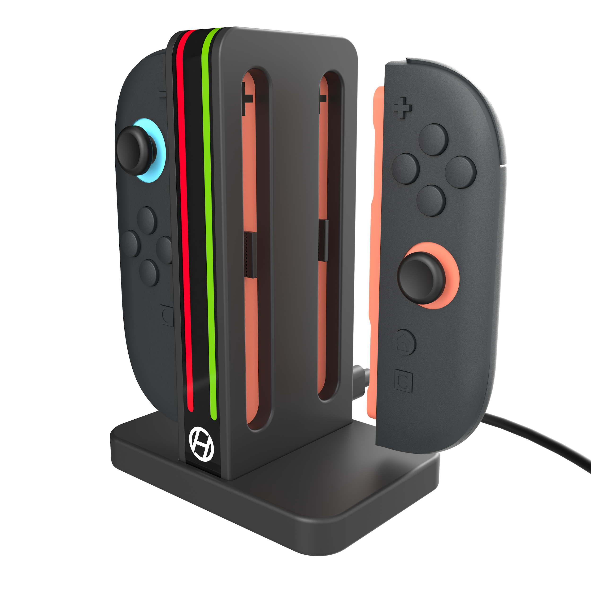 Een zwart oplaadstation met een controller. Het heeft groene, rode strepen en een blauwe ring rond de joystick.