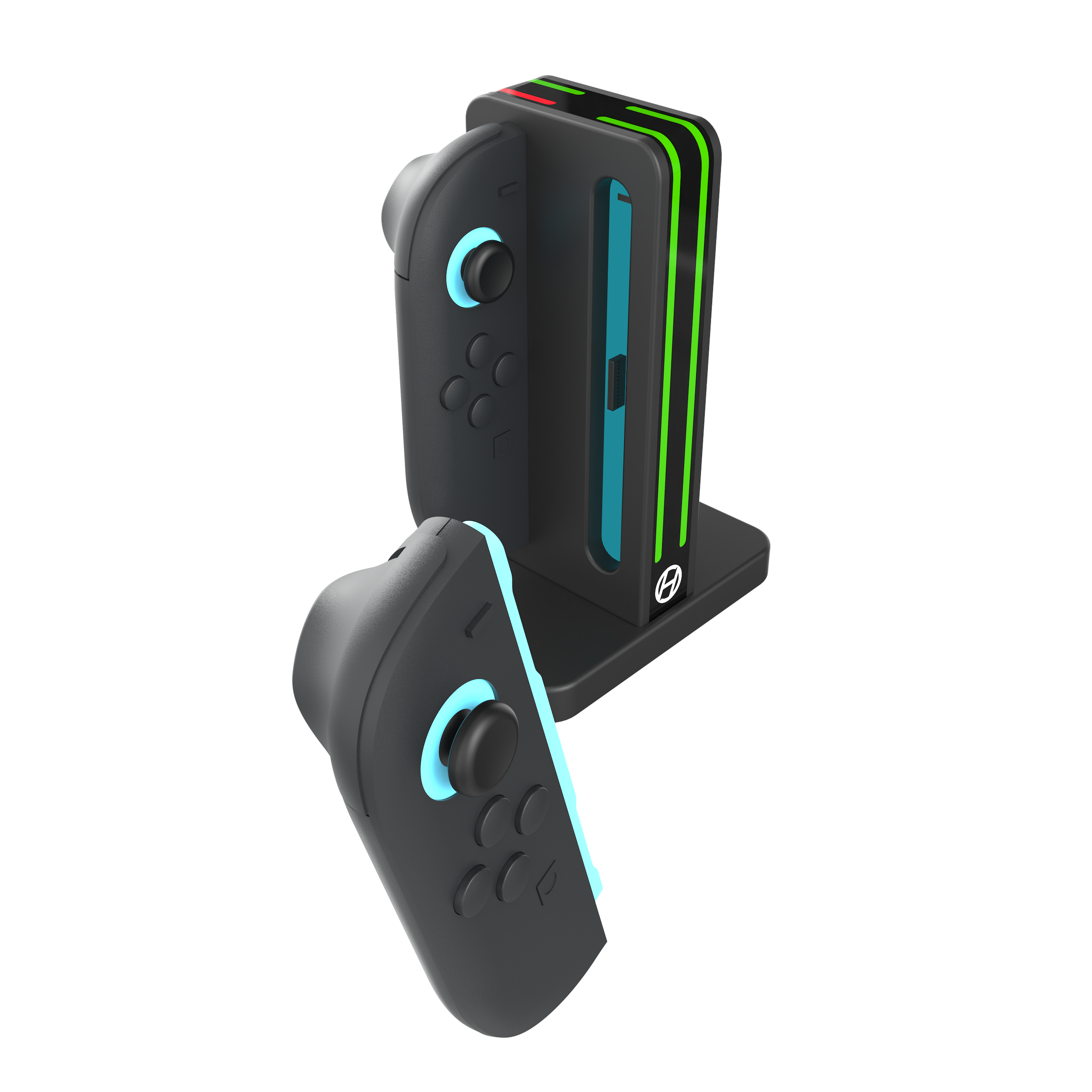Een zwarte gamecontroller en dockingstation met groene en blauwe accenten. De controller staat voor het station.