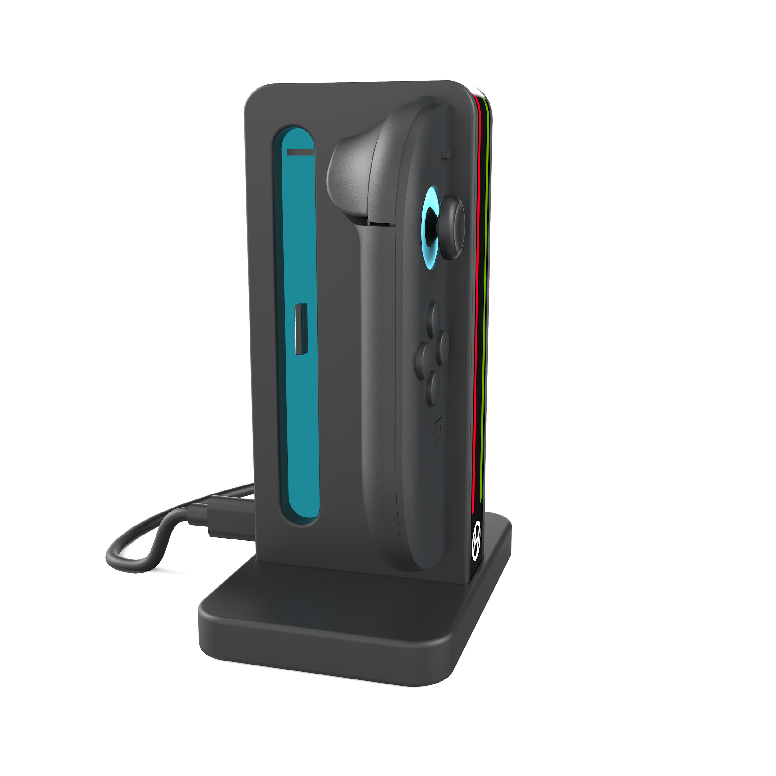 Een zwarte gamecontroller en dockingstation met turquoise en gekleurde accenten, op een wit oppervlak.