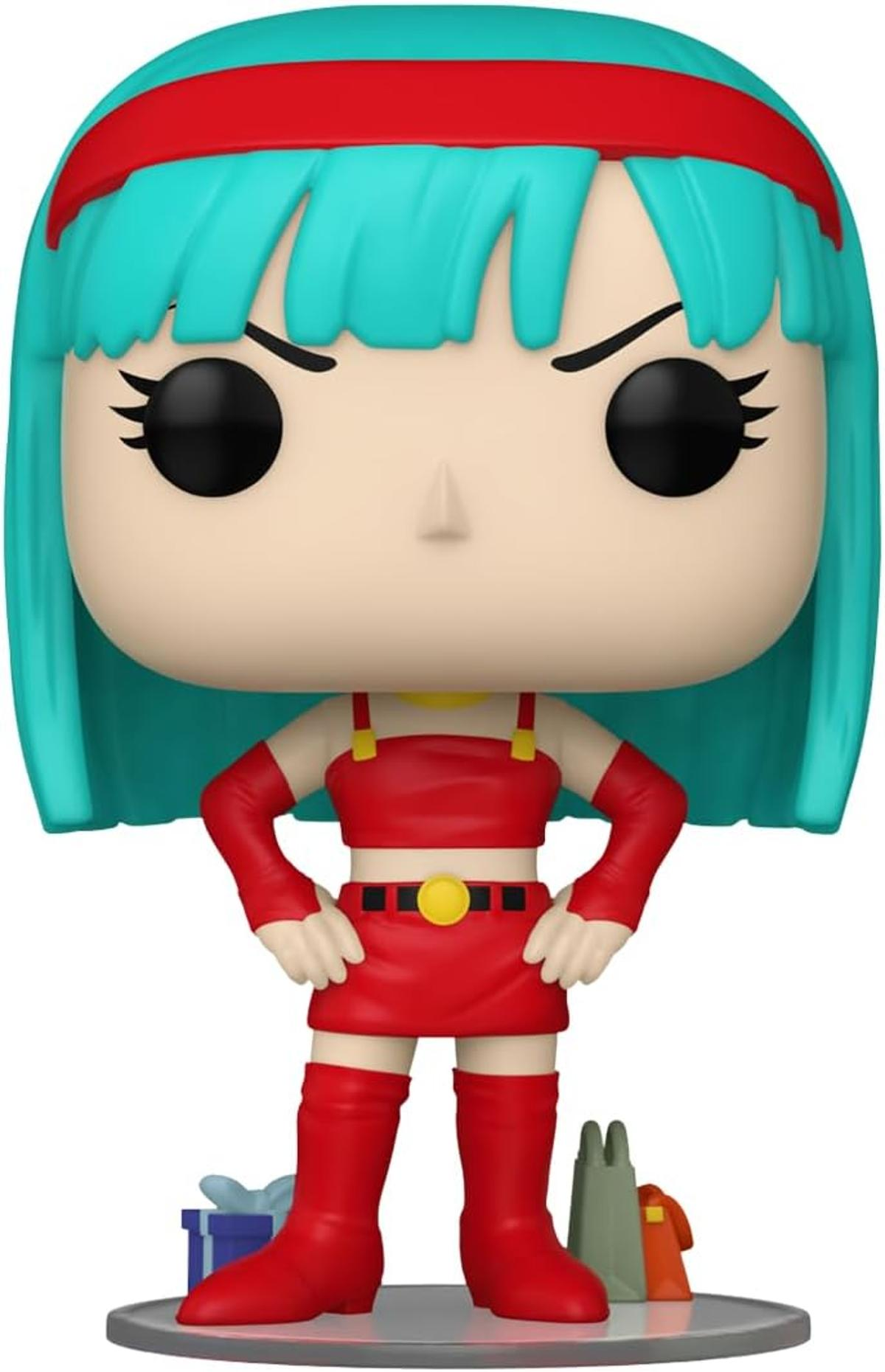 Figura Funko Pop de una mujer con cabello turquesa, una diadema roja y un atuendo rojo, botas. Tiene ojos negros y una expresión severa.