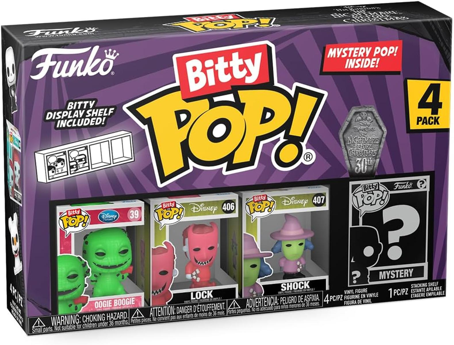Un set di scatole Funko Bitty Pop! con personaggi di The Nightmare Before Christmas, tra cui OOGIE BOOGIE, Lock, Shock e un personaggio misterioso.