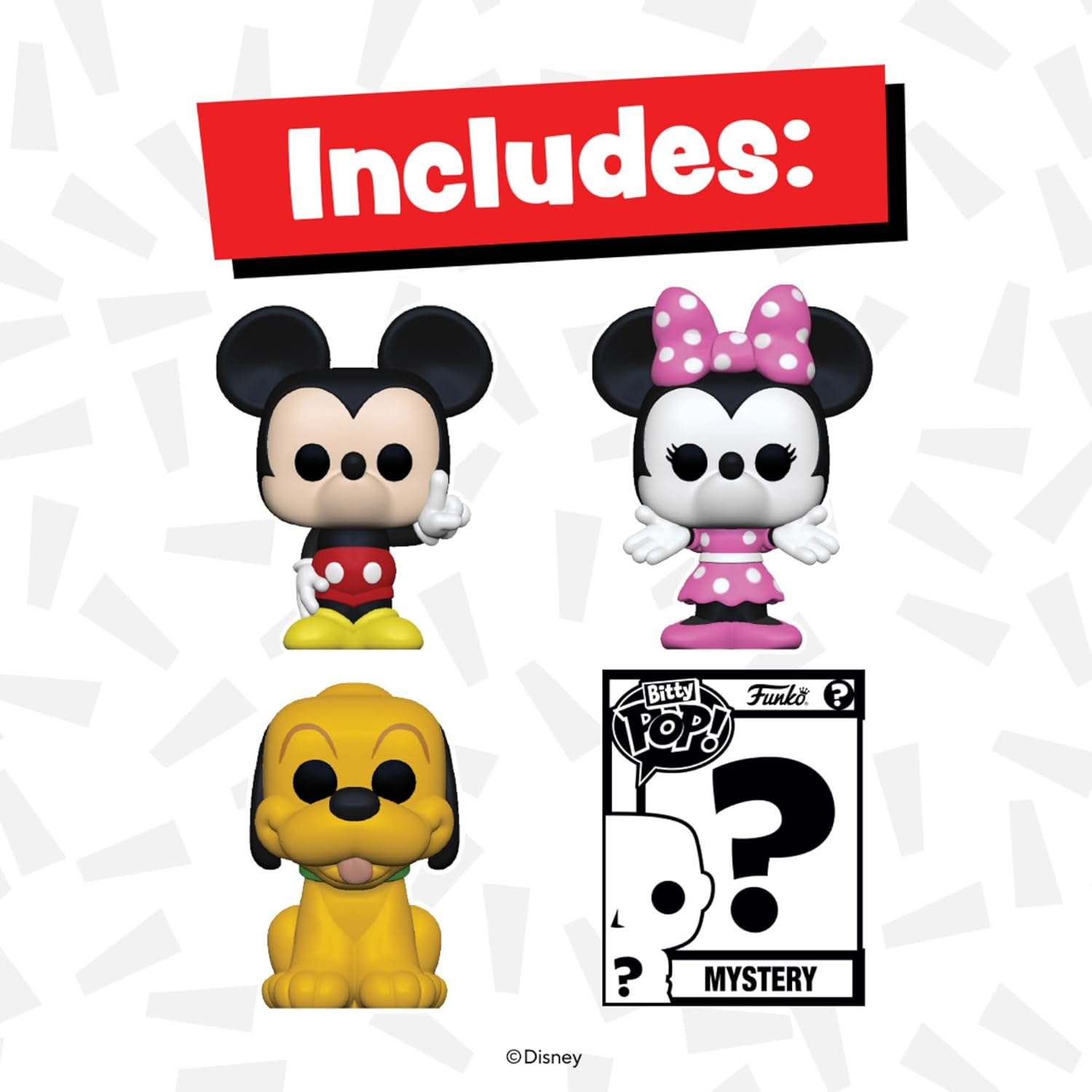Obrazek zawiera figurki Myszki Miki, Myszki Minnie, Pluto i tajemniczy Funko Pop. Tło z białymi kształtami i czerwonym banerem 'Includes'.