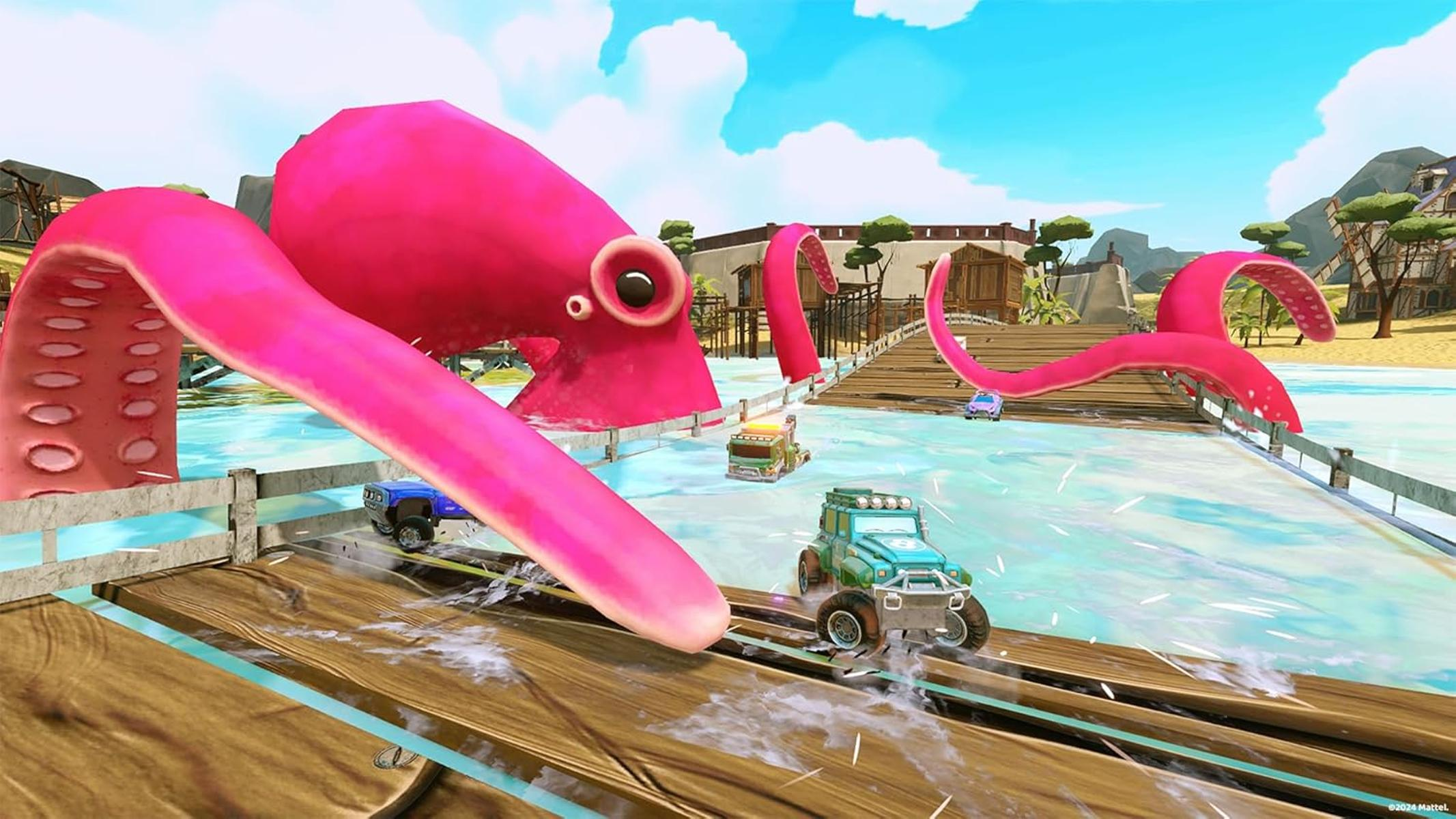 Ein rosa Oktopus mit rennenden Autos. Tentakel wölben sich über eine Holzbrücke. Autos sind auf dem Wasser, mit Gebäuden im Hintergrund.
