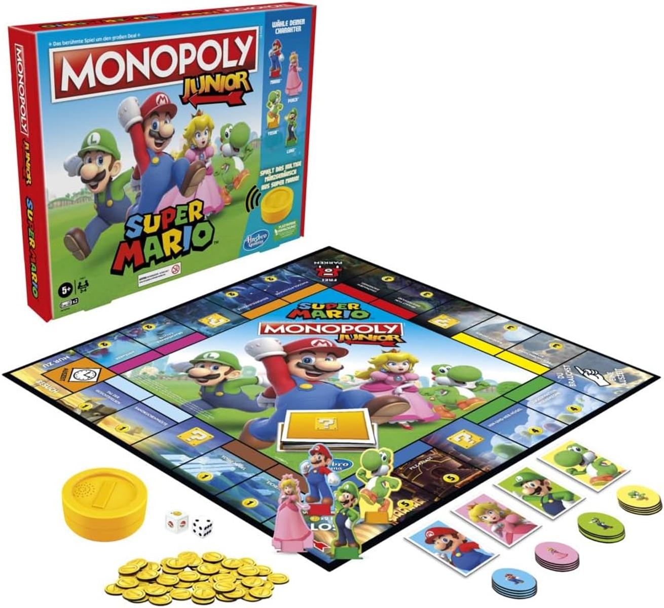 Gioco da tavolo Monopoly Junior Super Mario. I personaggi sono sulla scatola e sul tabellone. Include pedine, dadi e gettoni. Colorato e vivace.