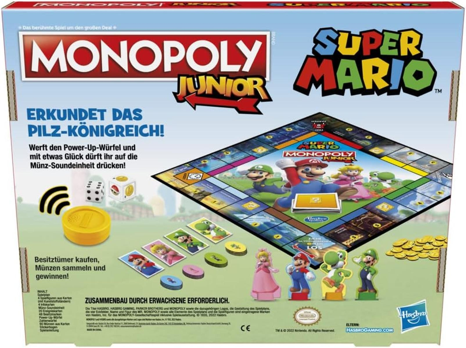 Scatola del gioco da tavolo Monopoly Junior Super Mario. Personaggi ed elementi di gioco visibili. La scatola ha loghi e dettagli.