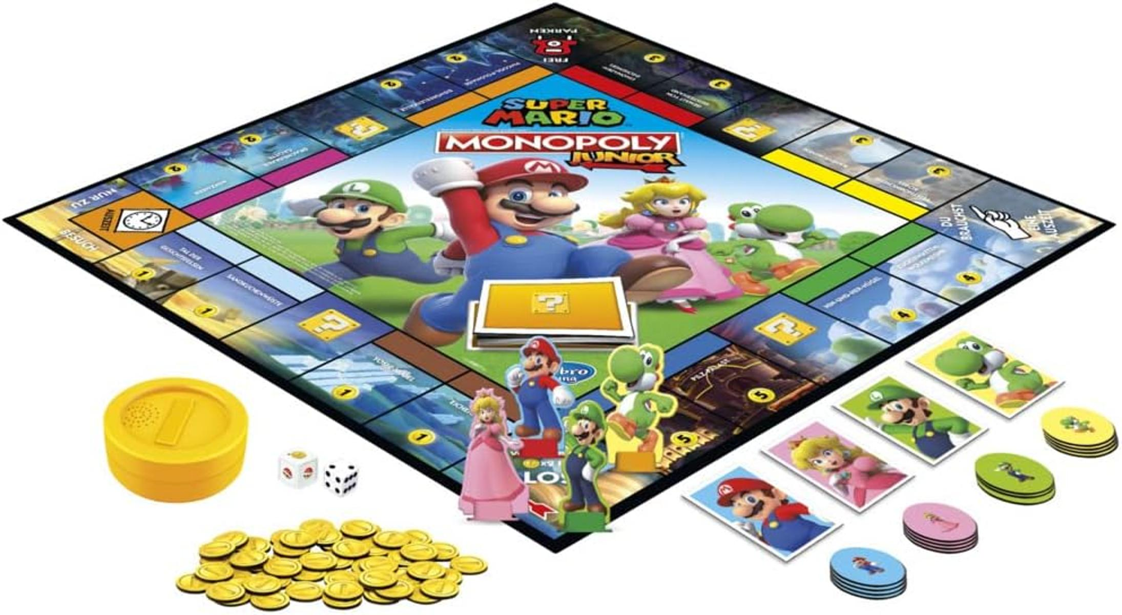 Un gioco da tavolo Super Mario Monopoly Junior. Include tabellone, pedine, dadi, soldi e carte personaggio. Colori vivaci.