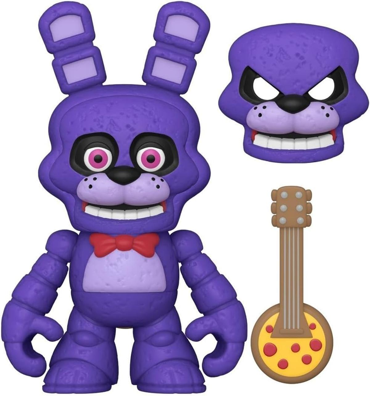 Eine lila Bonnie-Figur mit roter Fliege, einer Maske und einer Gitarre, alles auf weißem Hintergrund.