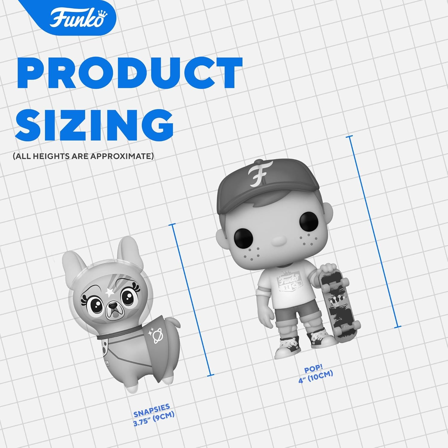 Das Bild zeigt eine Funko-Produktgrößenübersicht. Gezeigt werden zwei Funko-Figuren, ein Hund im Raumanzug und ein Junge mit Skateboard, mit ihren Größen.