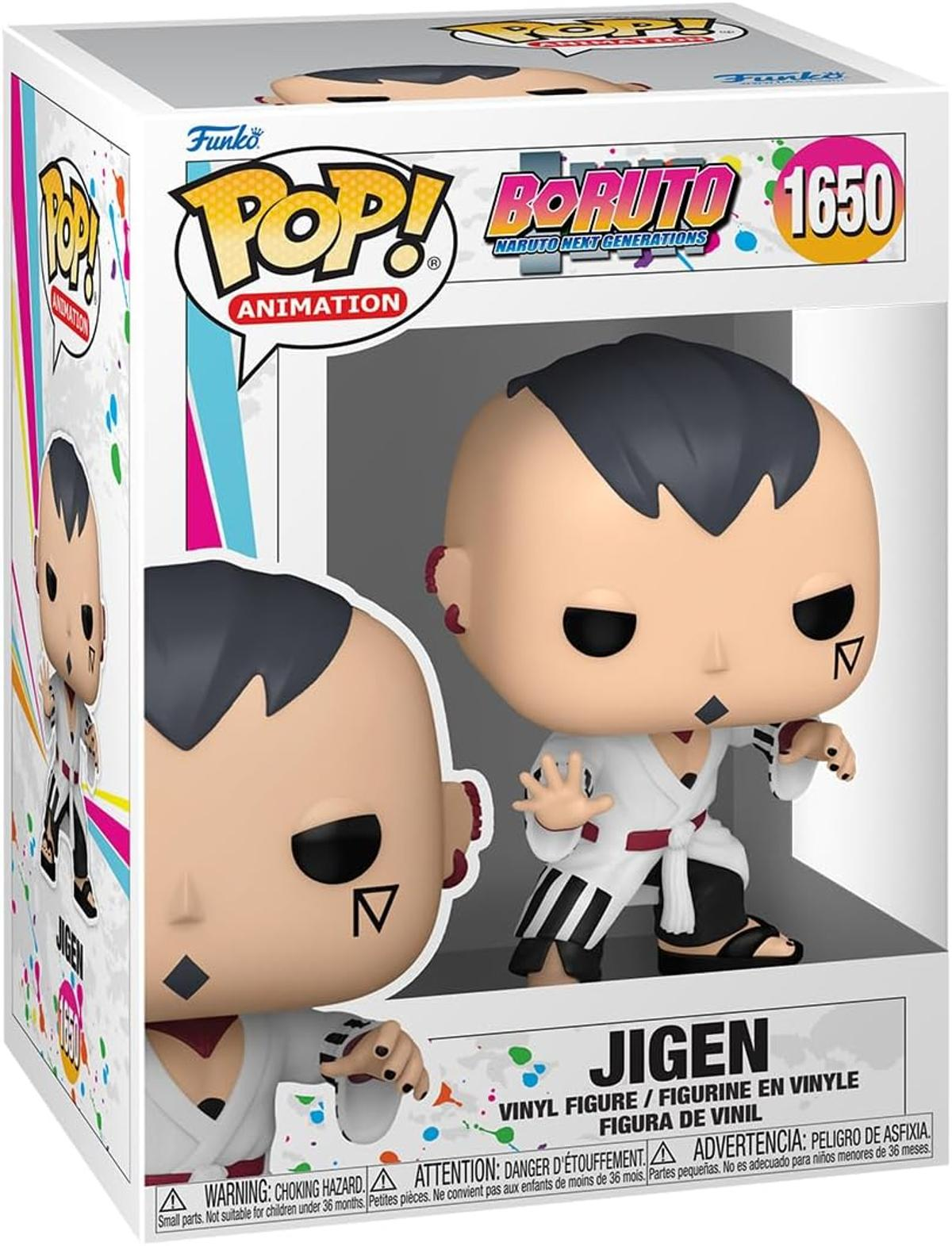 Una figura Funko Pop di Jigen di Boruto. Indossa una veste bianca, pantaloni neri e ha i capelli neri. La figura è in una scatola.