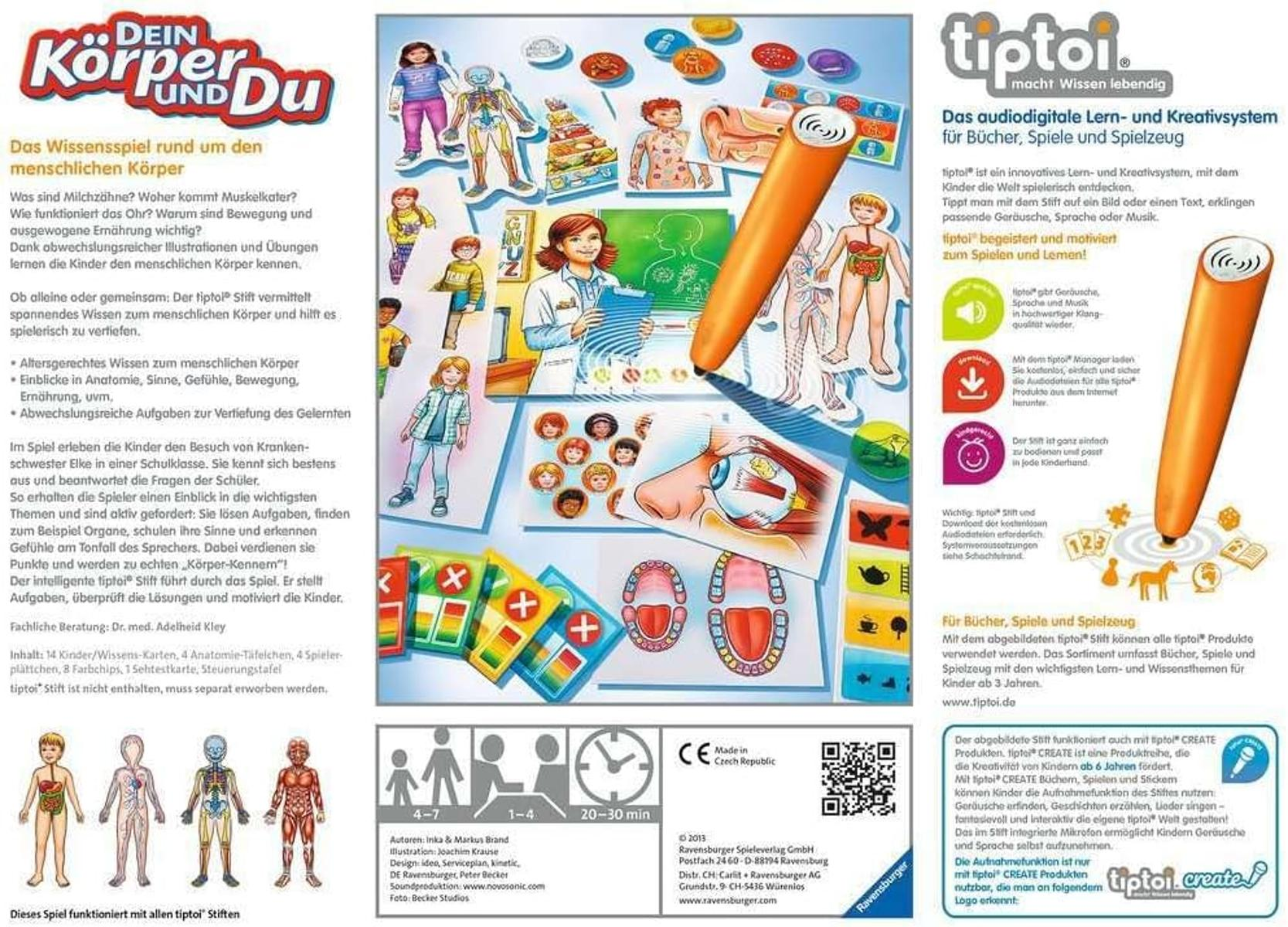 Bunte Lernspielbox mit Illustrationen von Kindern, Organen und einem Stift. Text beinhaltet das Lernen über den Körper.