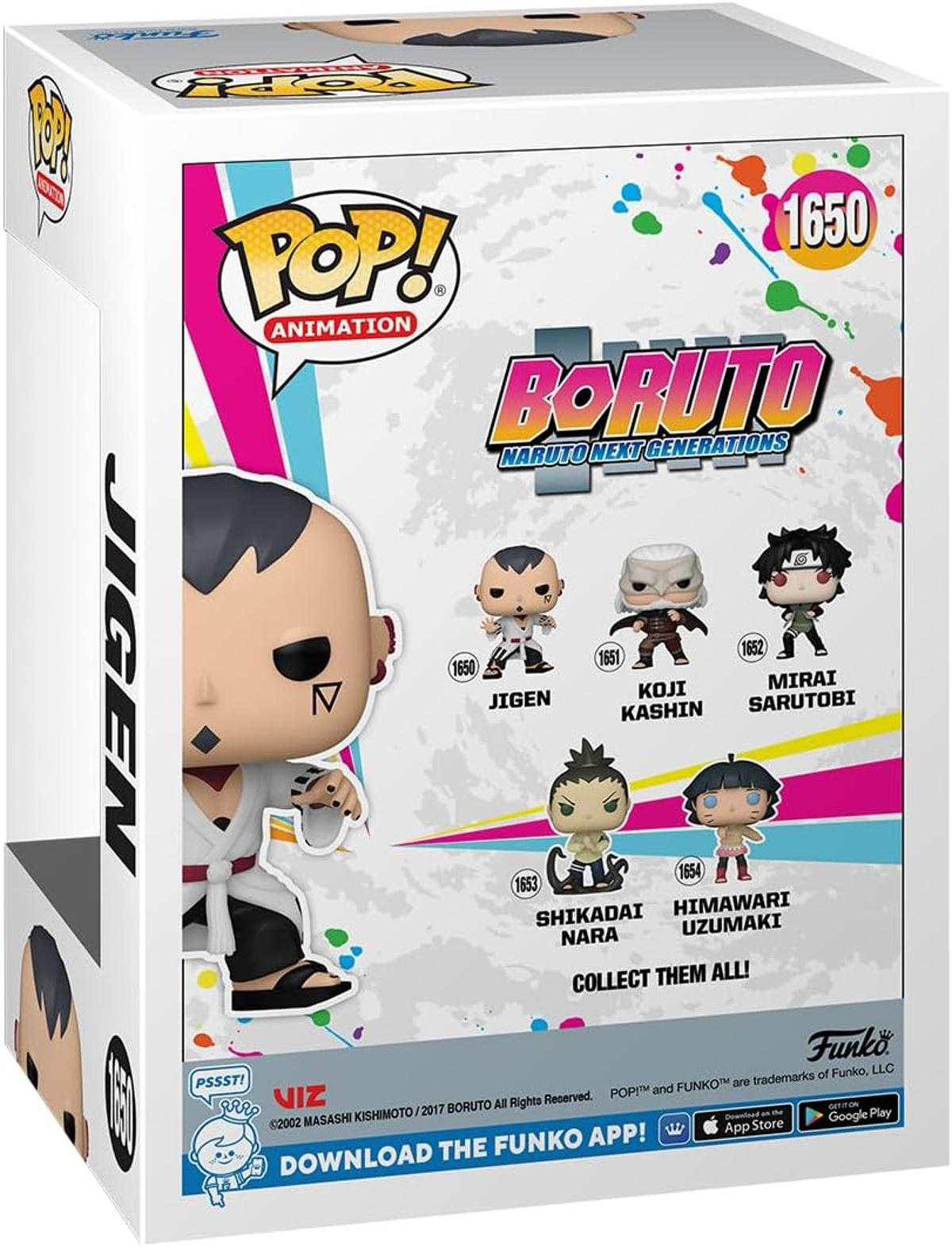 Scatola per personaggi Funko Pop! Animation. Figura di Jigen ben in vista. Altri personaggi: Koji Kashin, Mirai Sarutobi, Shikadai Nara, Himawari Uzumaki.
