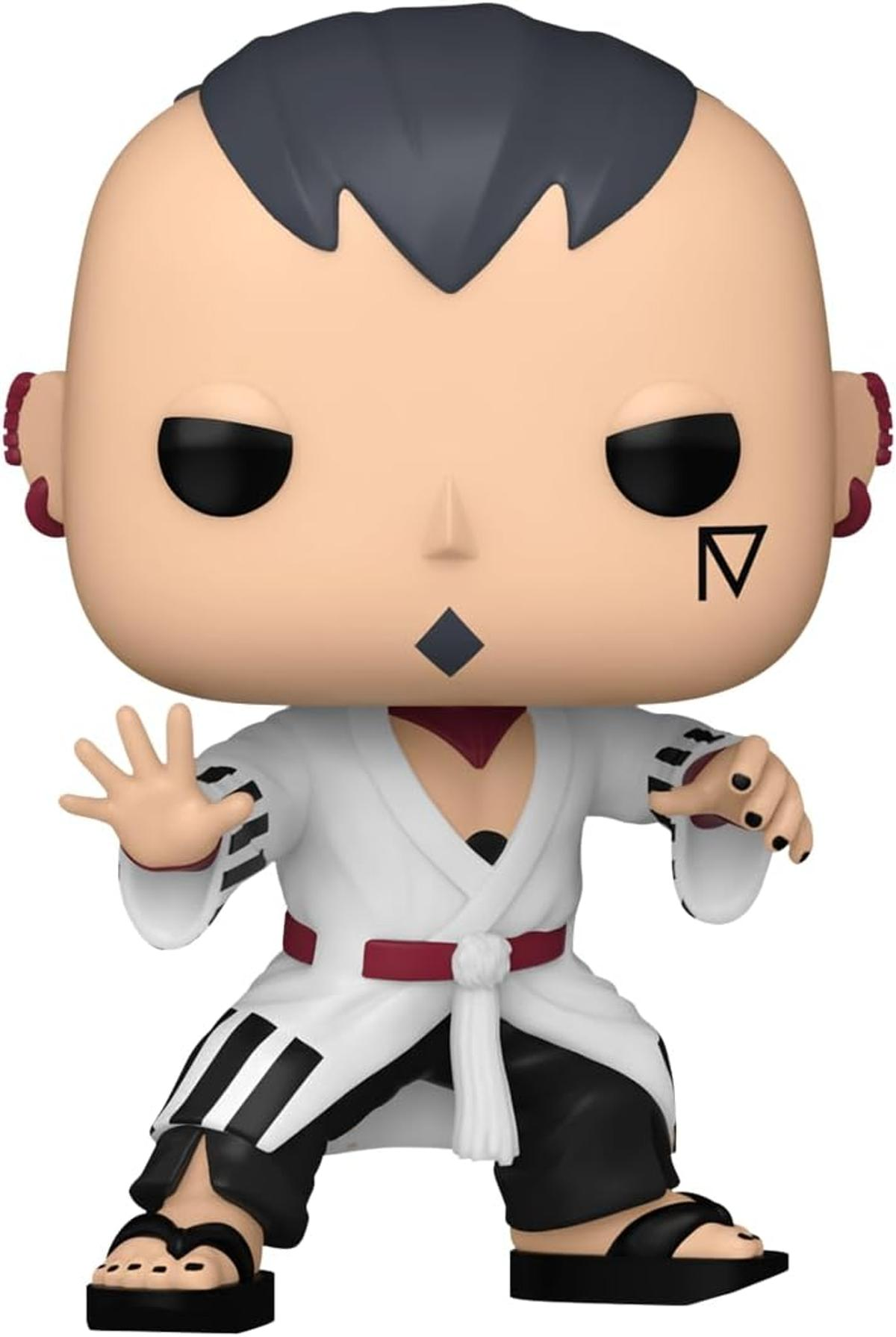 Funko Pop del personaggio con occhi, capelli e segni neri. Indossa una veste bianca con dettagli neri e rossi e sandali neri.