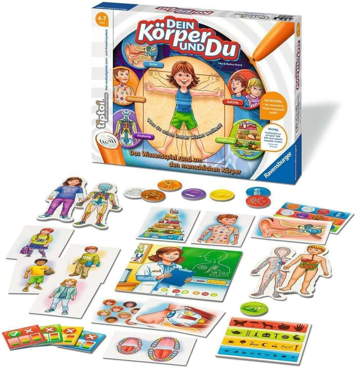 Ein Brettspiel mit dem Titel 'Dein Körper und Du' und verschiedenen Lernkarten und Spielsteinen über den menschlichen Körper.