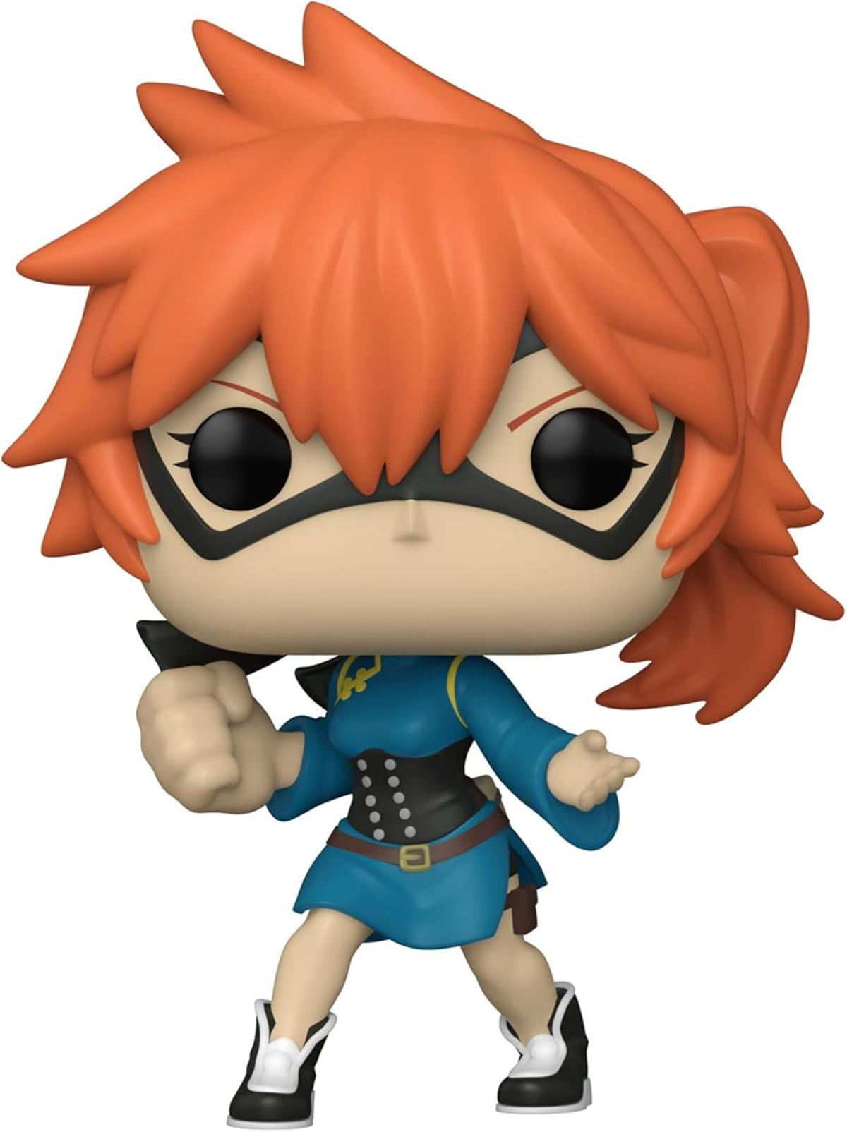 Una figura de Funko Pop de una mujer con cabello naranja, una máscara negra y un atuendo azul. Sostiene un objeto negro.