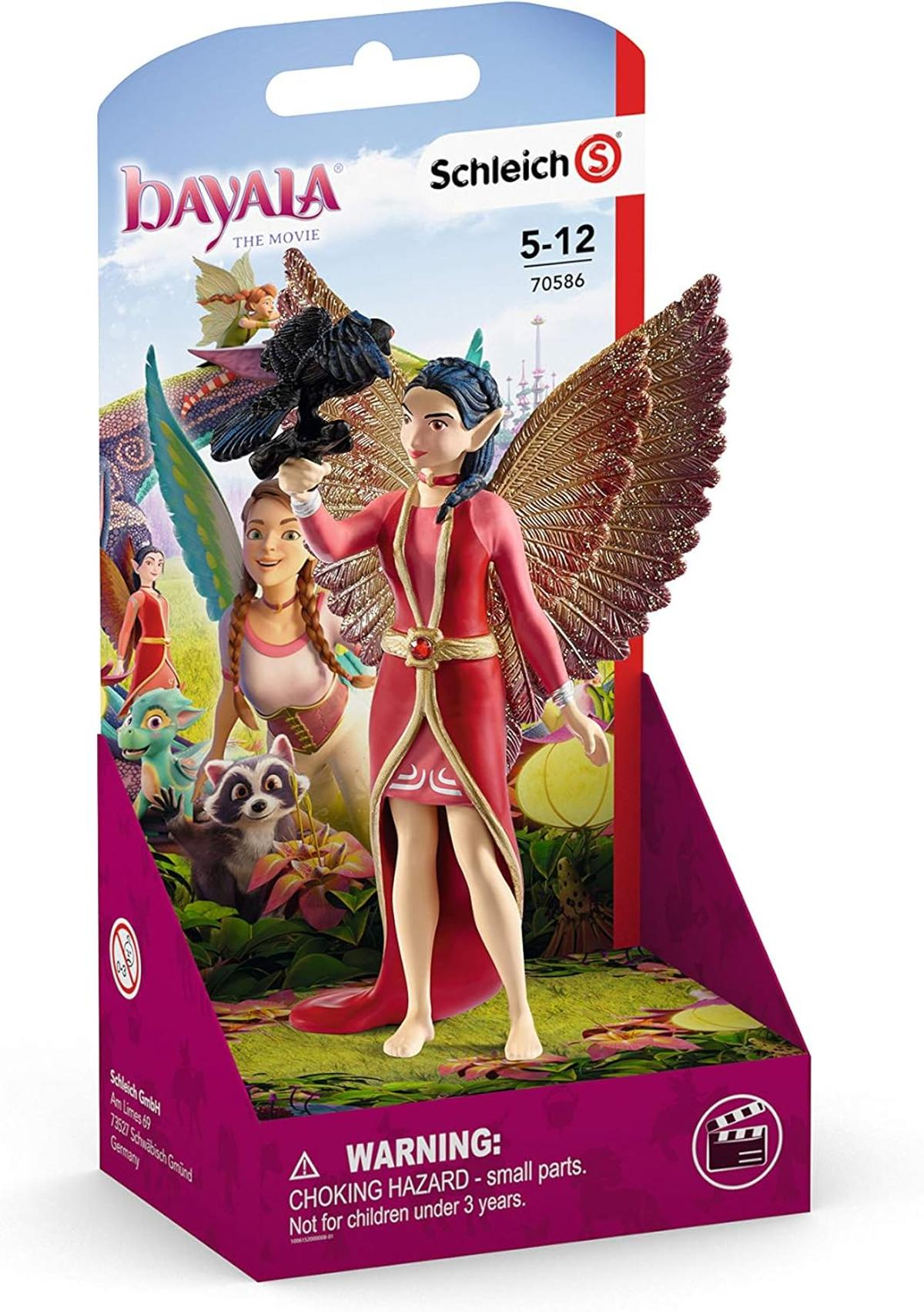 Eine Bayala-Filmfigur in einer Box. Es zeigt eine Fee, die einen schwarzen Vogel hält, mit anderen Feen und Tieren im Hintergrund.