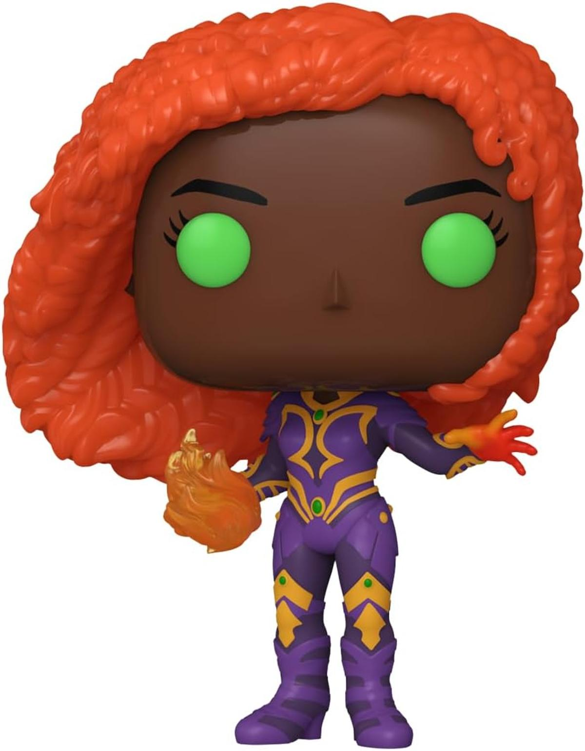 Una figura Funko Pop de Starfire. Tiene cabello naranja, ojos verdes y un traje morado y amarillo. Sostiene fuego en la mano.