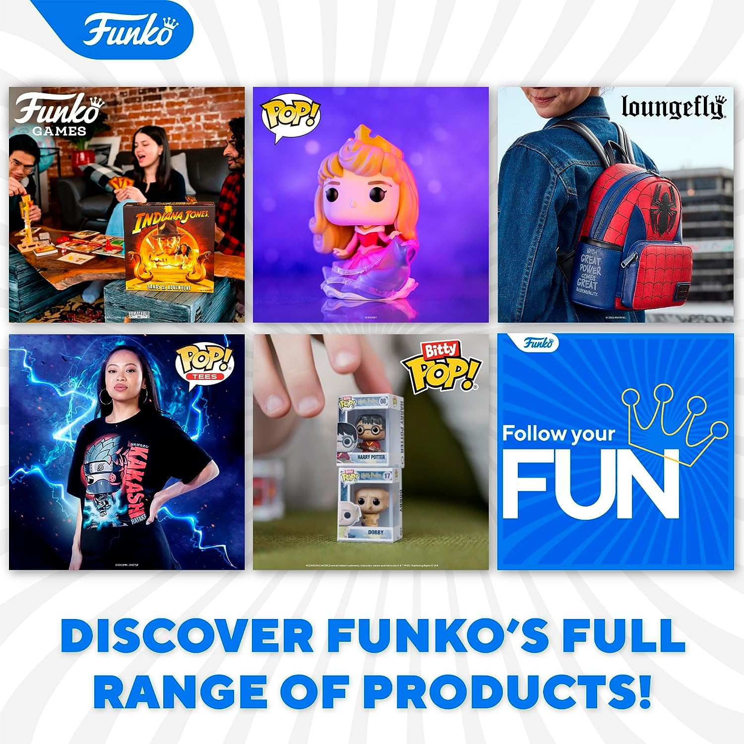 Anuncio de Funko con varios productos: juego de mesa, figuras Pop!, mochila de Spider-Man, camiseta y más. El texto dice 'Follow your FUN'.
