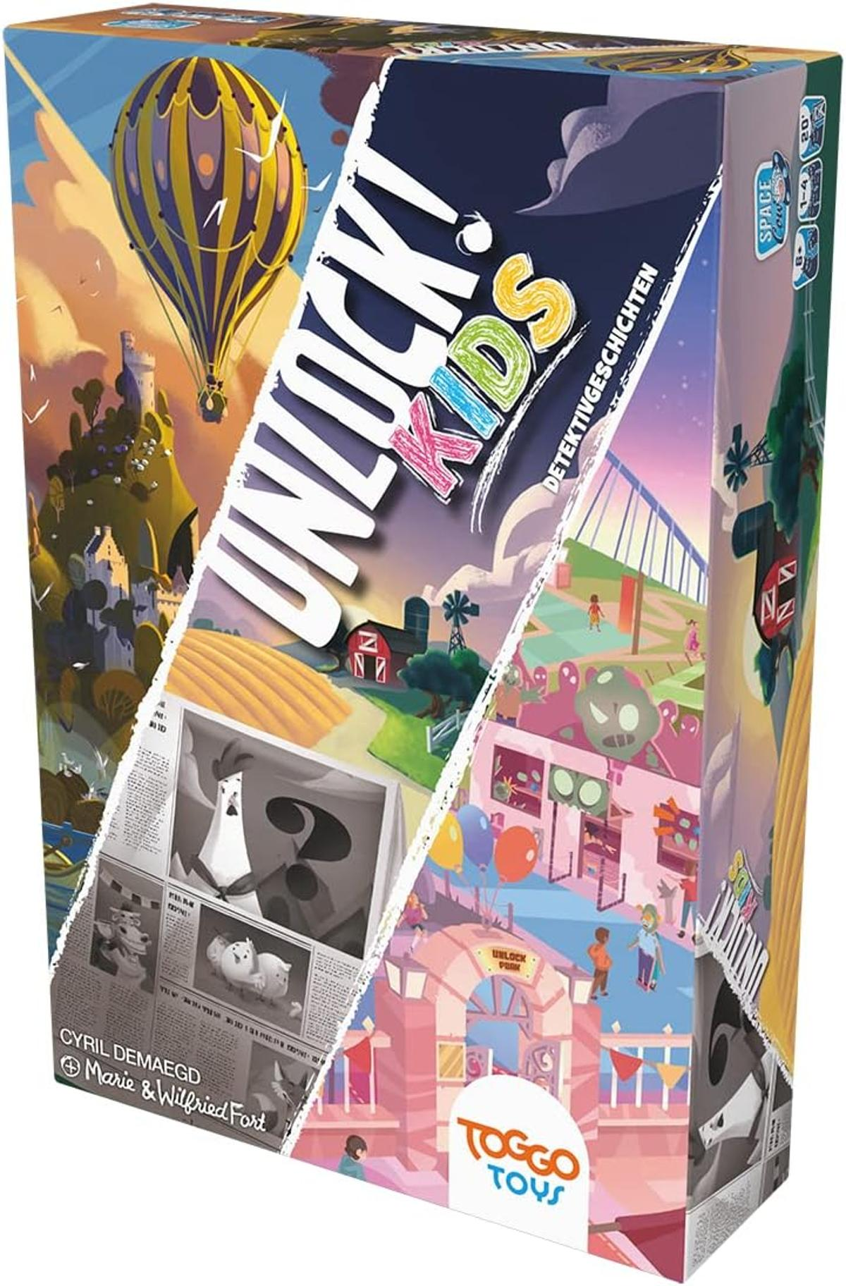 Schachtelkunst für Unlock! Kids. Zeigt einen Heißluftballon, eine Bauernhofszene und einen Park mit Menschen. Text enthält 'UNLOCK! KIDS' und 'TOGGO TOYS'.