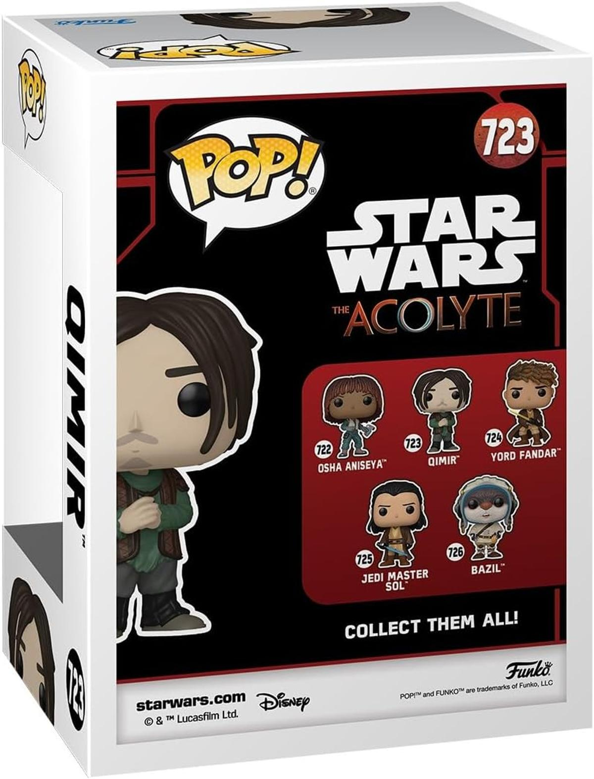 Caja Funko Pop de Qimir de Star Wars: The Acolyte. Presenta la figura, el logo de Star Wars y otros personajes.