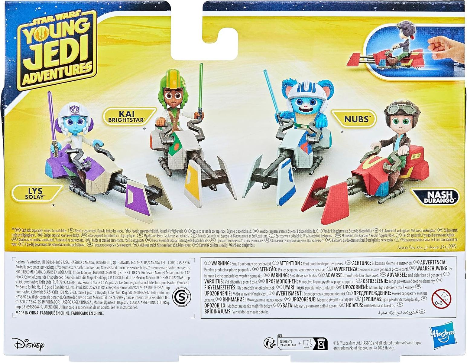 Opakowanie zabawek Star Wars. Lys Solay, Kai Brightstar, Nubs i Nash Durango prowadzą pojazdy.