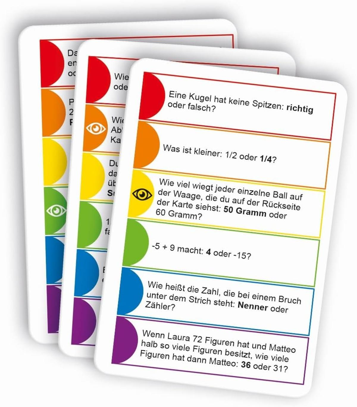 Drei Lernkarten mit Fragen auf Deutsch. Farben heben die Fragen hervor: rot, orange, gelb, grün, blau, lila.
