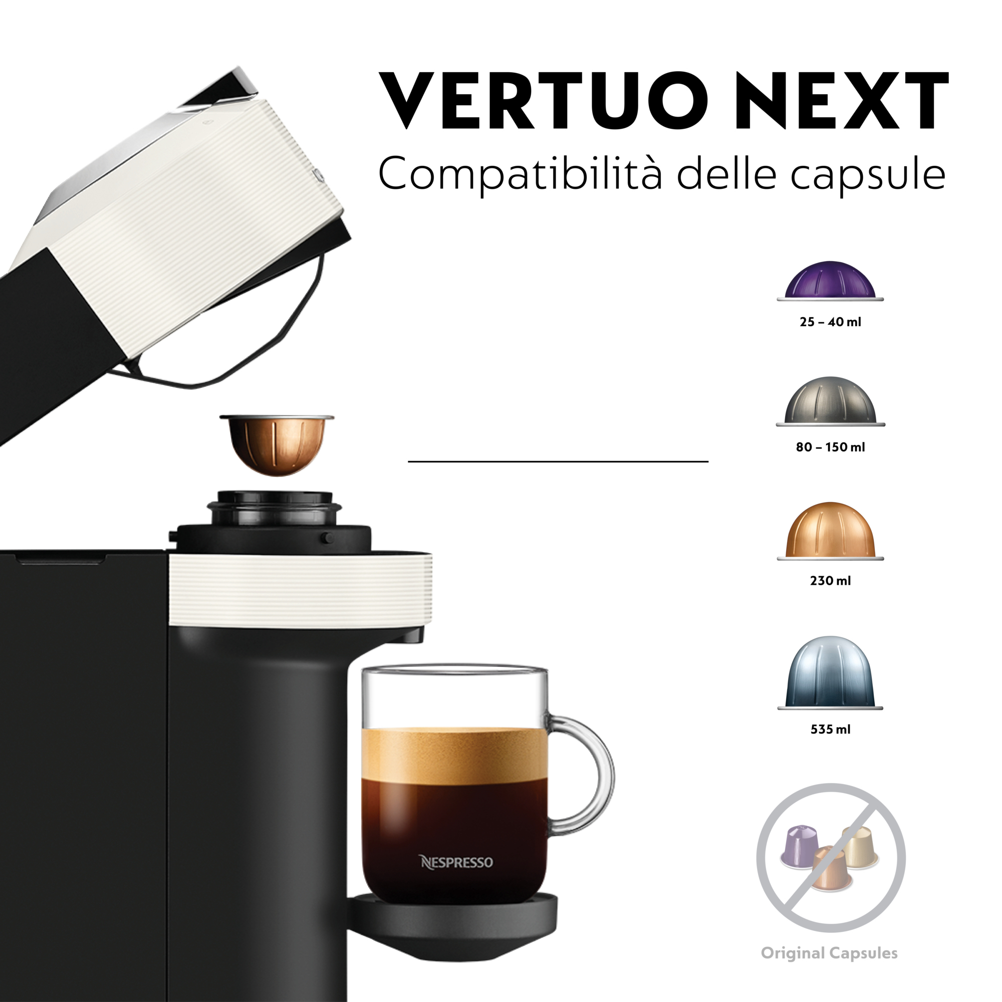 Máquina Nespresso Vertuo Next con cápsula de café y taza de café. Muestra tamaños de cápsulas compatibles y un signo de 'no' en las cápsulas originales.
