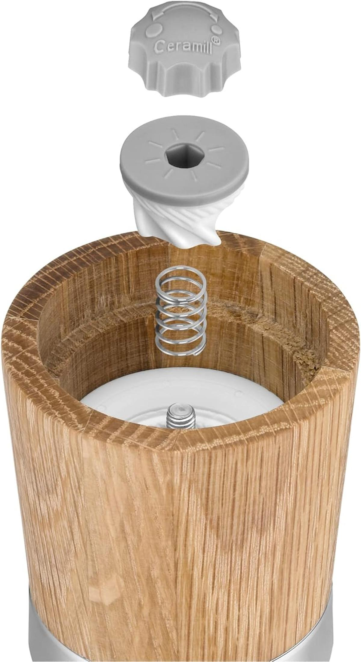Zerlegter Pfefferstreuer. Obere Kappe, graue Teile, eine Feder und ein Holzbehälter. Teile sind in der Luft und zeigen, wie sie passen.
