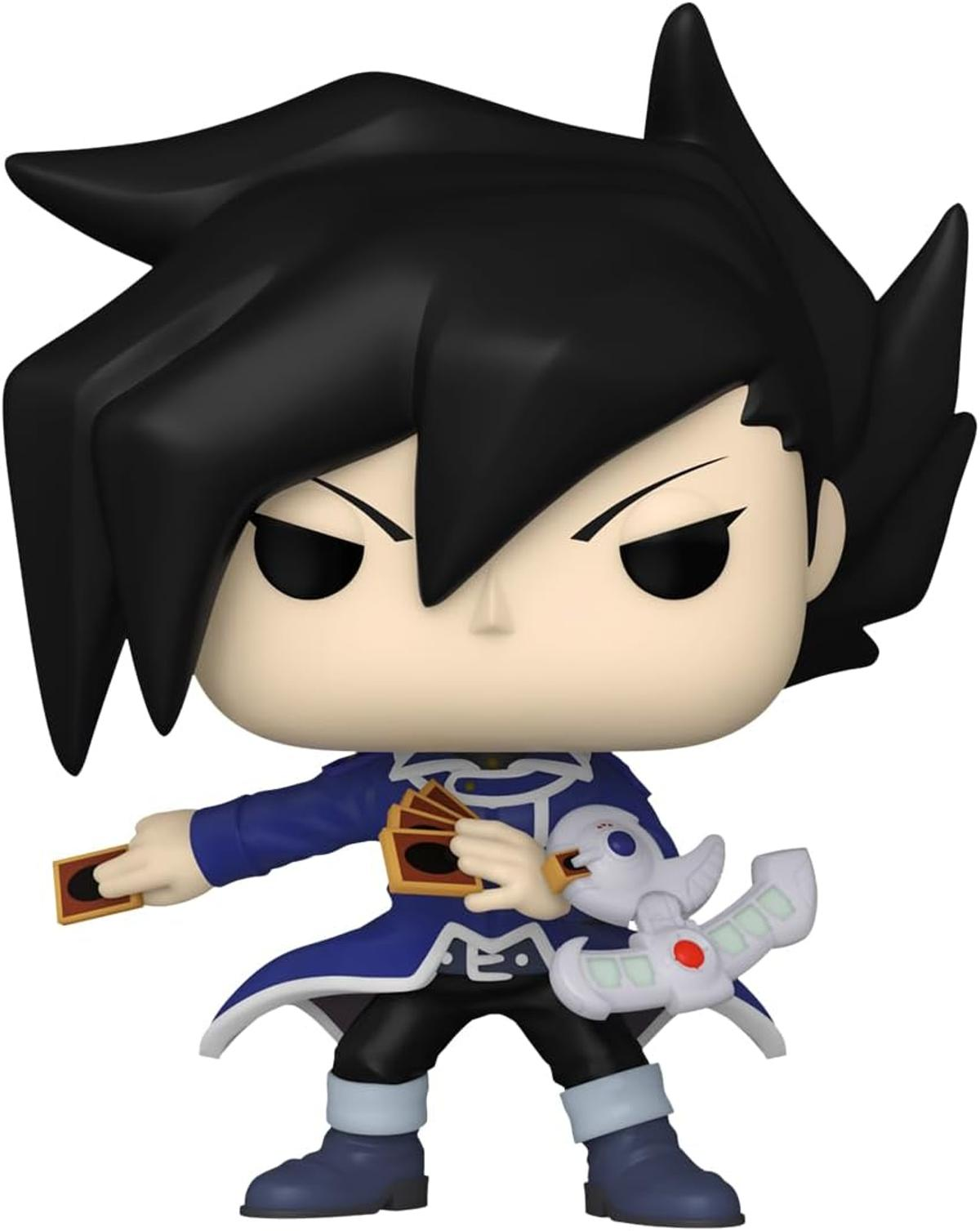 Figura Funko Pop de un personaje masculino de Yu-Gi-Oh!. Tiene cabello negro, una chaqueta azul, y sostiene cartas.