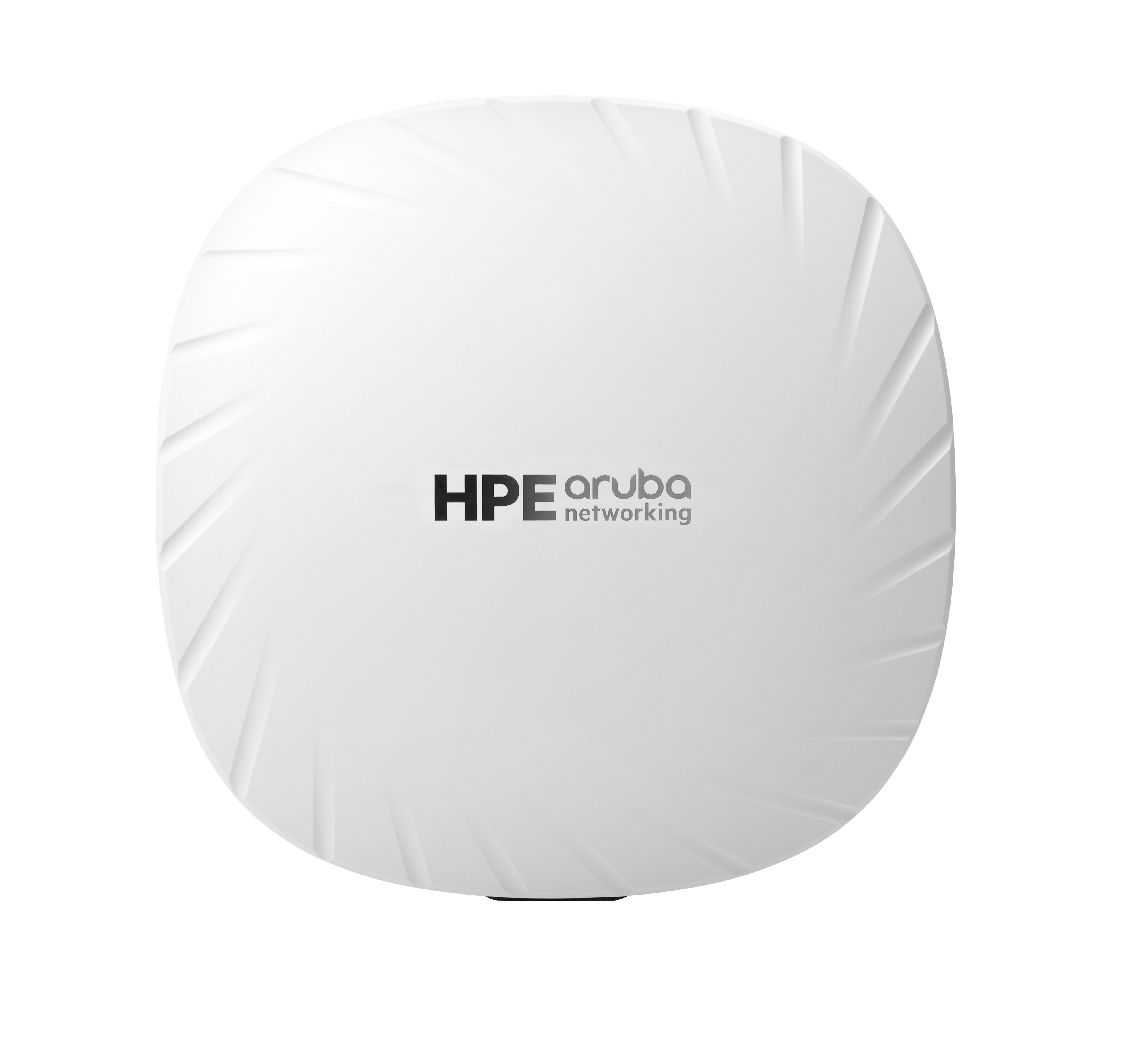 Weißes, kreisförmiges Aruba-Netzwerkgerät. HPE-Logo oben mittig. Radiallinien gehen vom Zentrum aus.