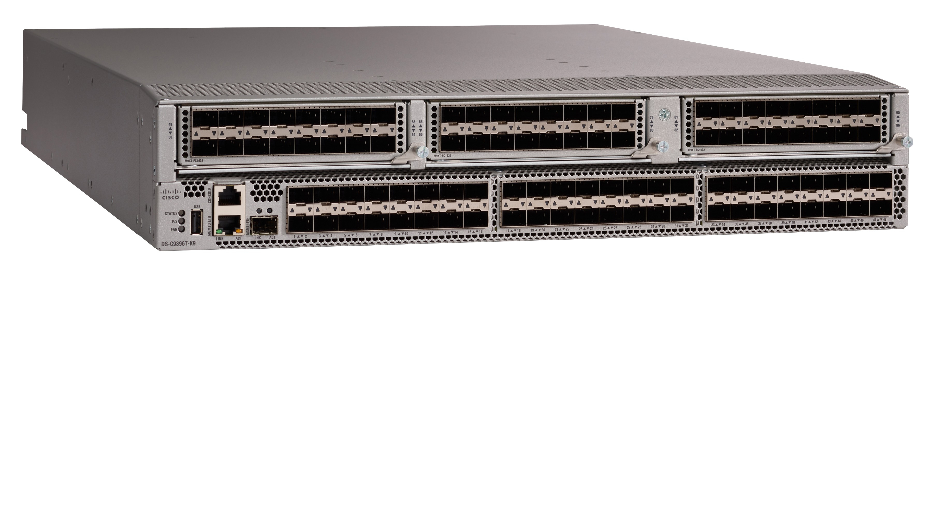 Uno switch di rete Cisco argentato con numerose porte. Il dispositivo ha diverse spie di stato e interfacce di connessione.