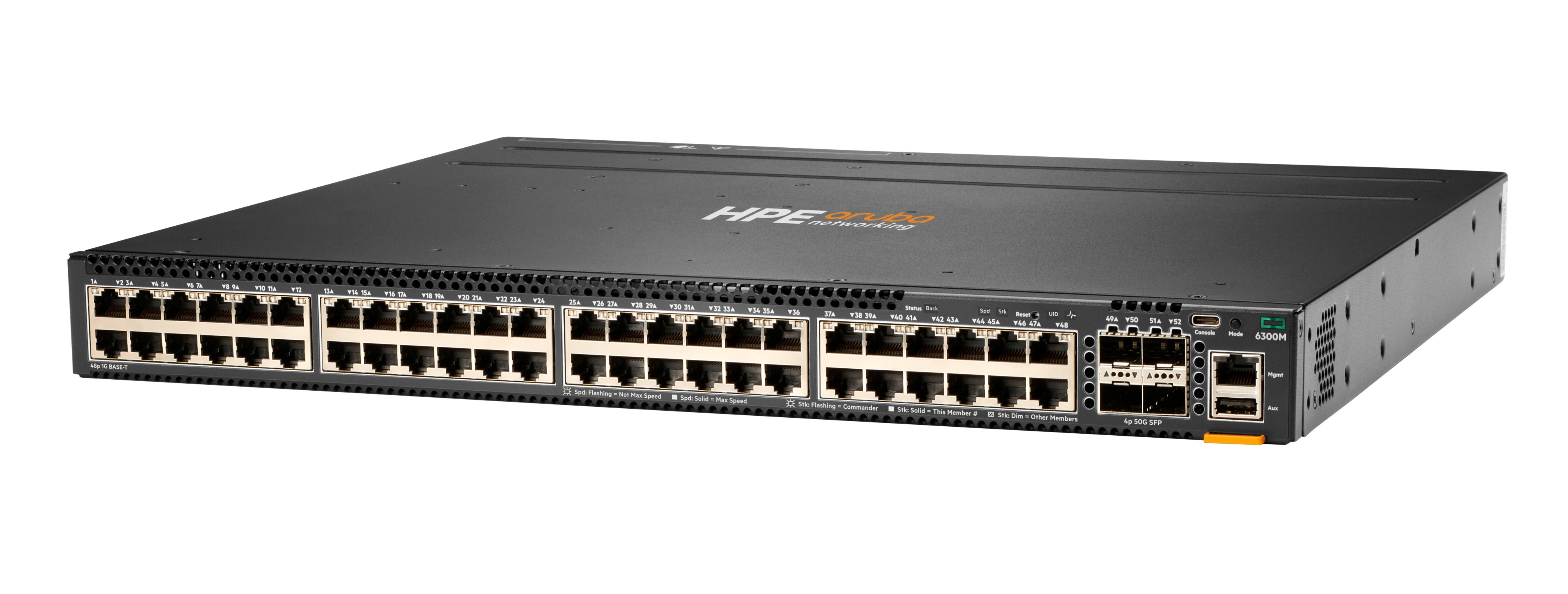 Uno switch di rete HPE Aruba nero. Ha più porte e indicatori. È un modello 6300M.