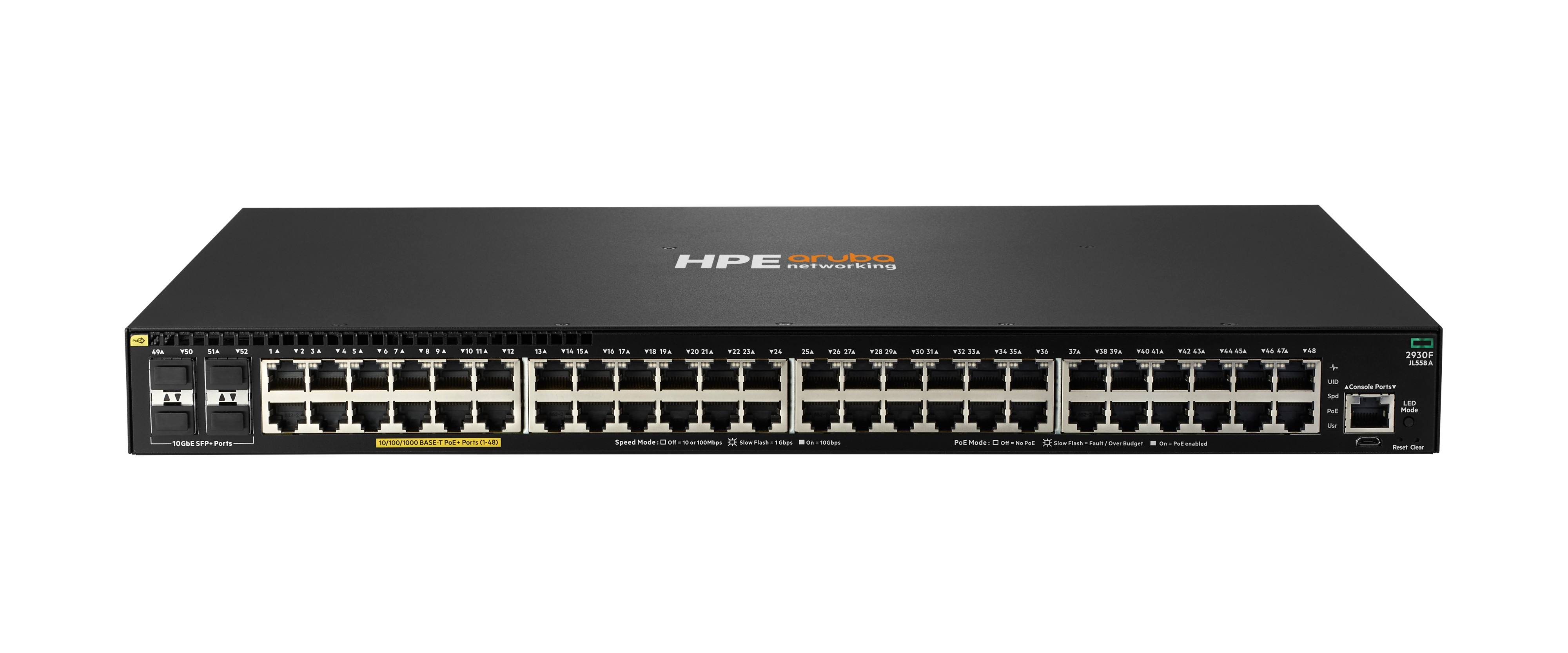 Switch di rete HPE Aruba nero con più porte e indicatori. Lo switch ha il modello 2930F JL558A.