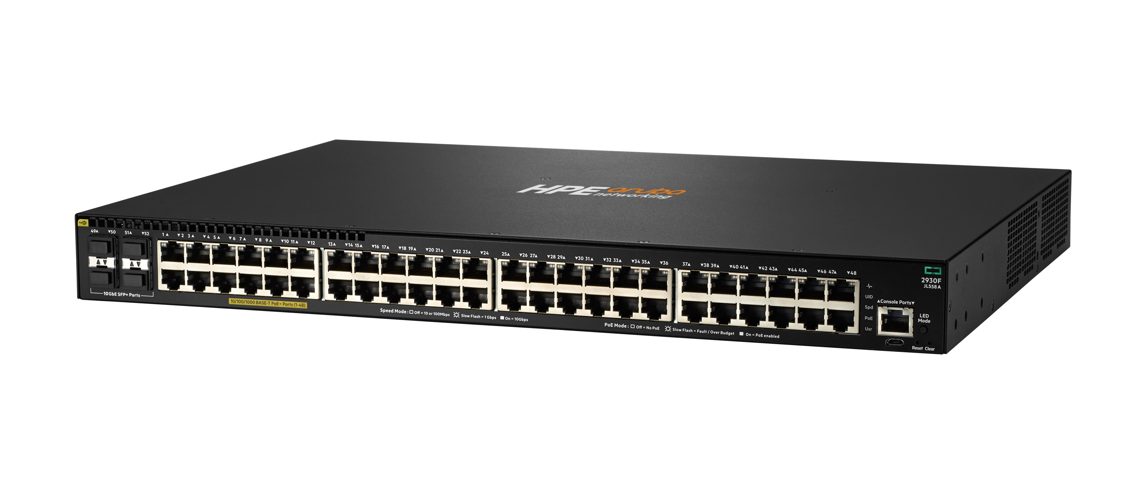 Switch di rete HPE Aruba nero con numerose porte e indicatori, etichettato 2930F JL558A.