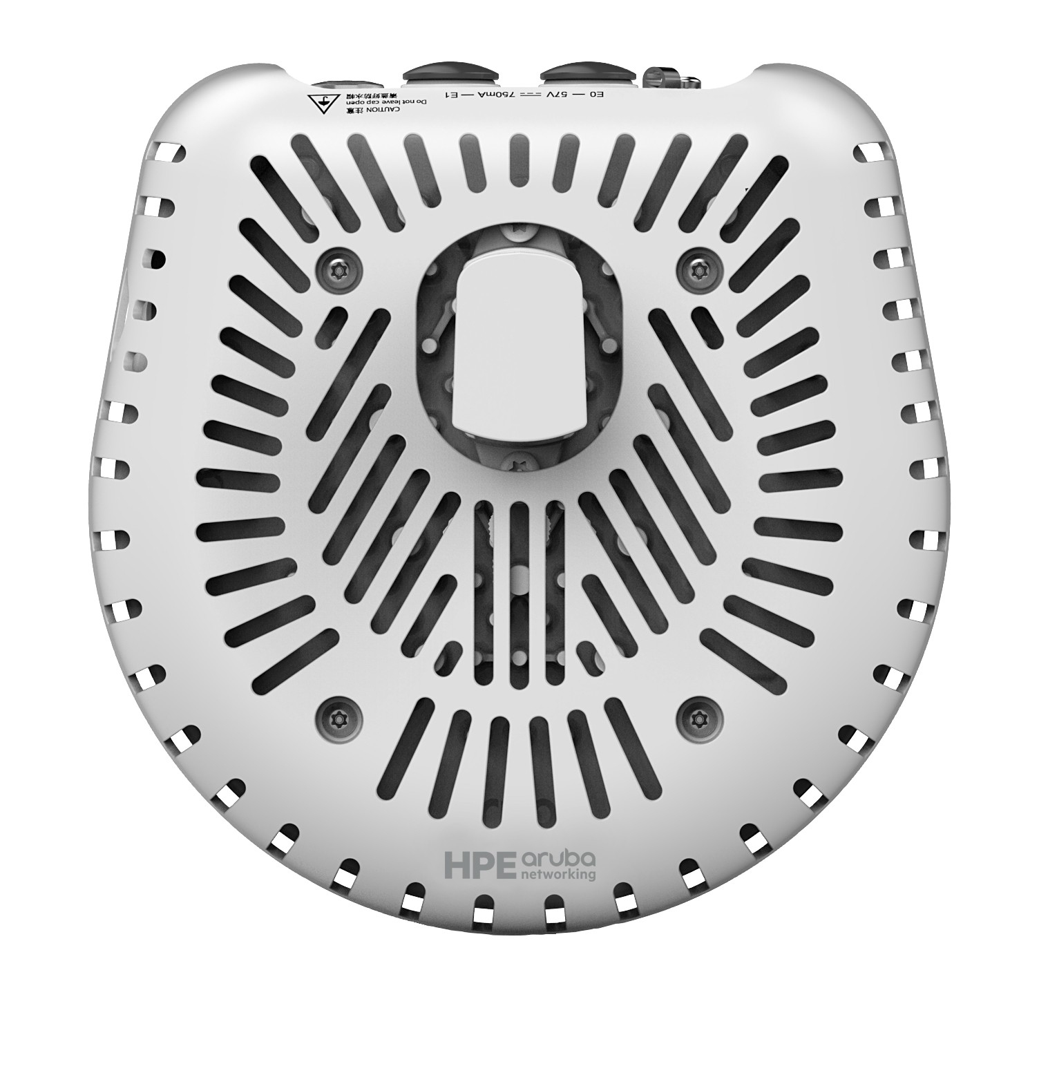 Białe, okrągłe urządzenie z otworami wentylacyjnymi. Posiada centralny uchwyt i logo HPE Aruba Networking. Widoczny tekst i symbole.