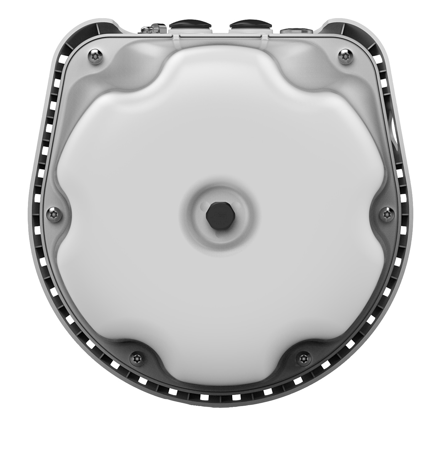 Widok z góry na biało-szare urządzenie. Ma centralny biały panel, otoczony szarymi krzywiznami i czarną obwódką.