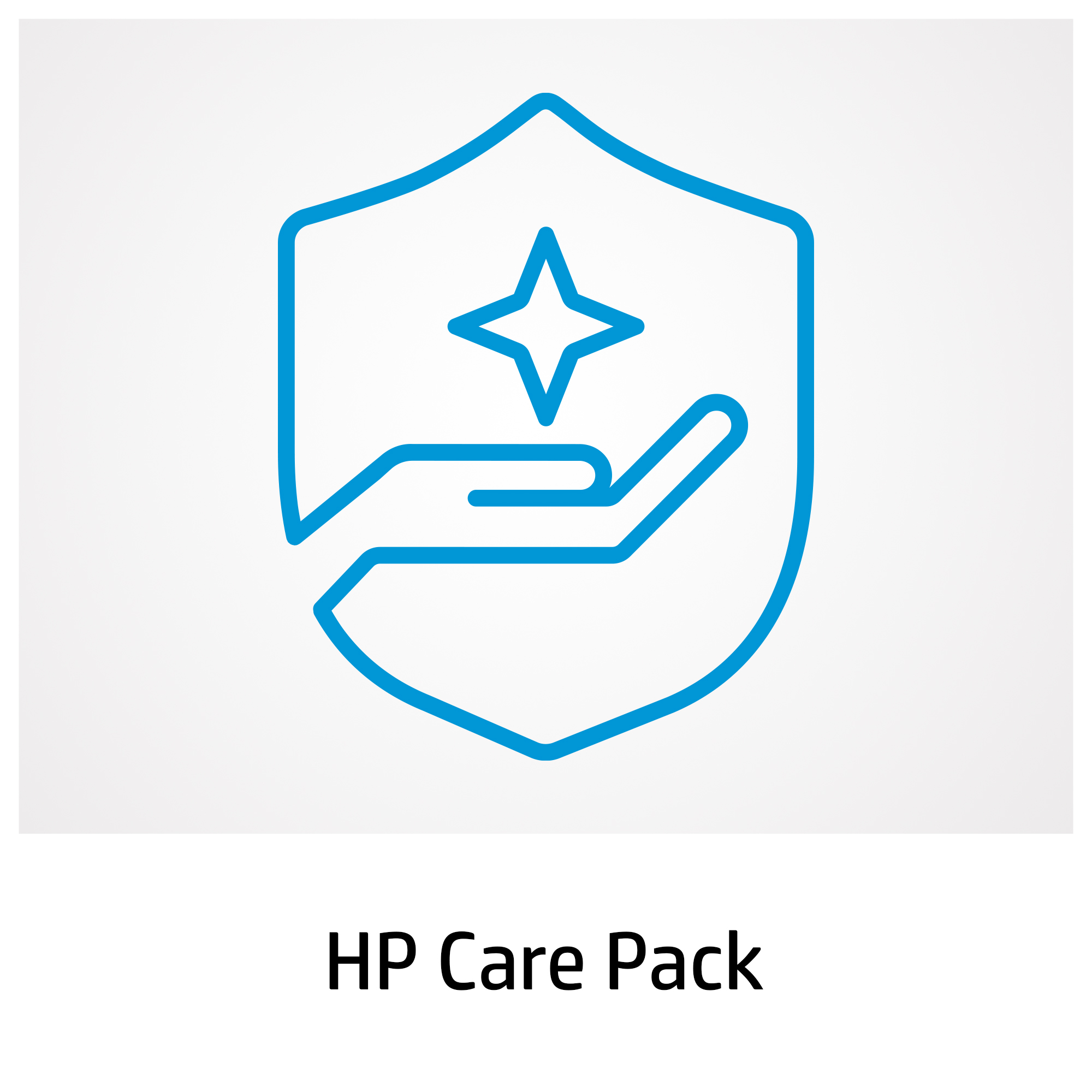 Scudo blu con stella sopra una mano, con la scritta 'HP Care Pack' sotto su sfondo bianco.
