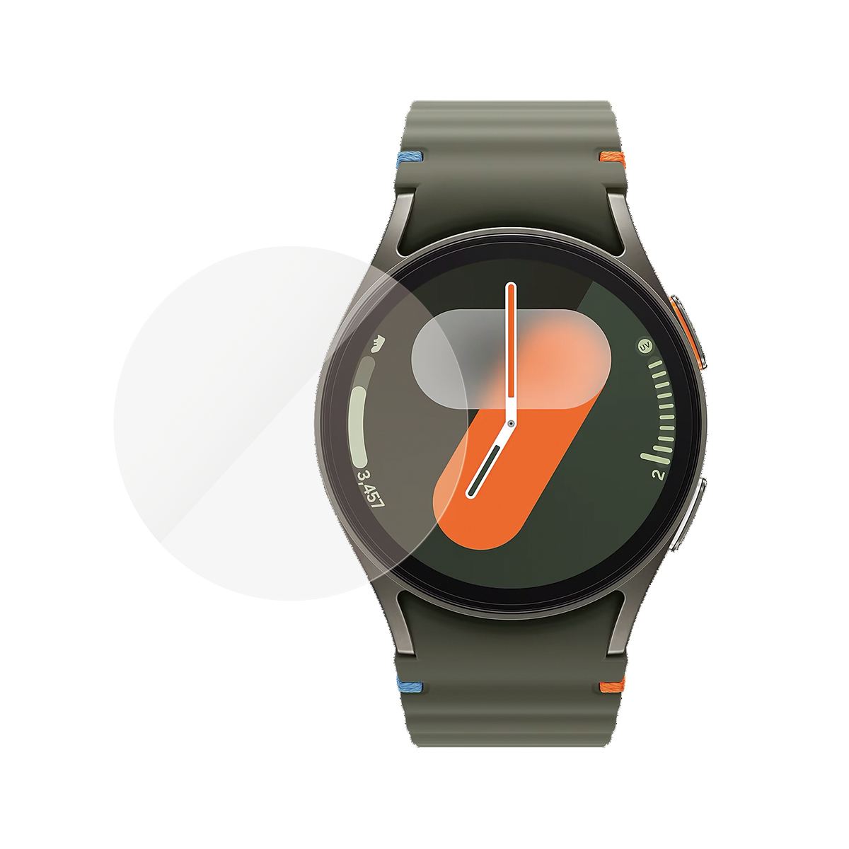 Smartwatch z zielonym paskiem i ciemnozieloną tarczą. Tarcza wyświetla pomarańczowe i białe elementy.