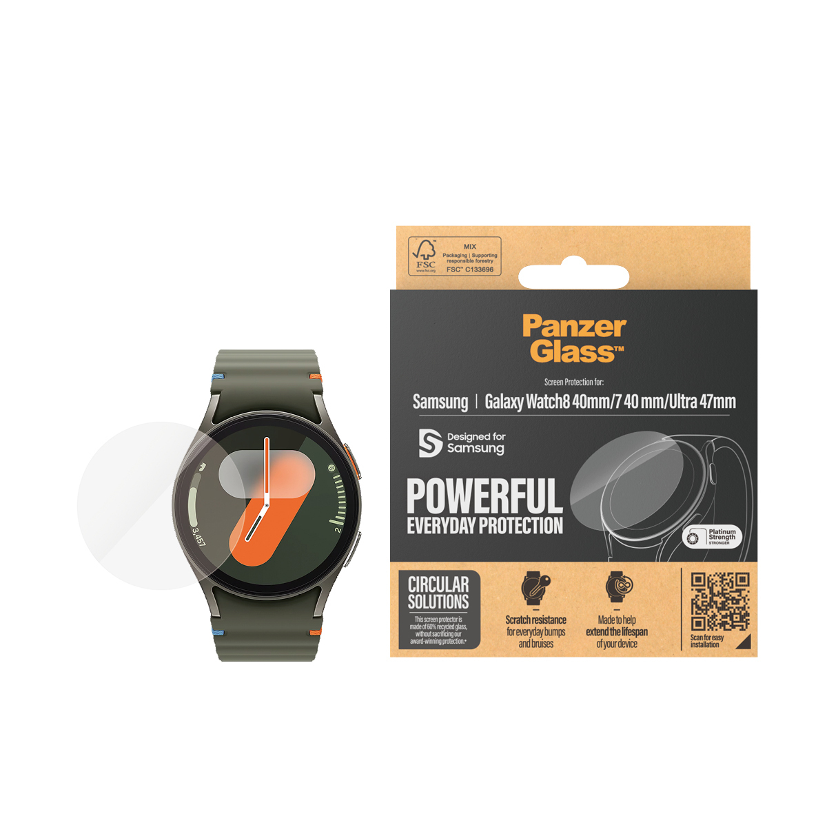 Smartwatch z ochraniaczem ekranu, obok opakowania. Opakowanie zawiera markę Panzer Glass i informację o kompatybilności z Samsungiem.